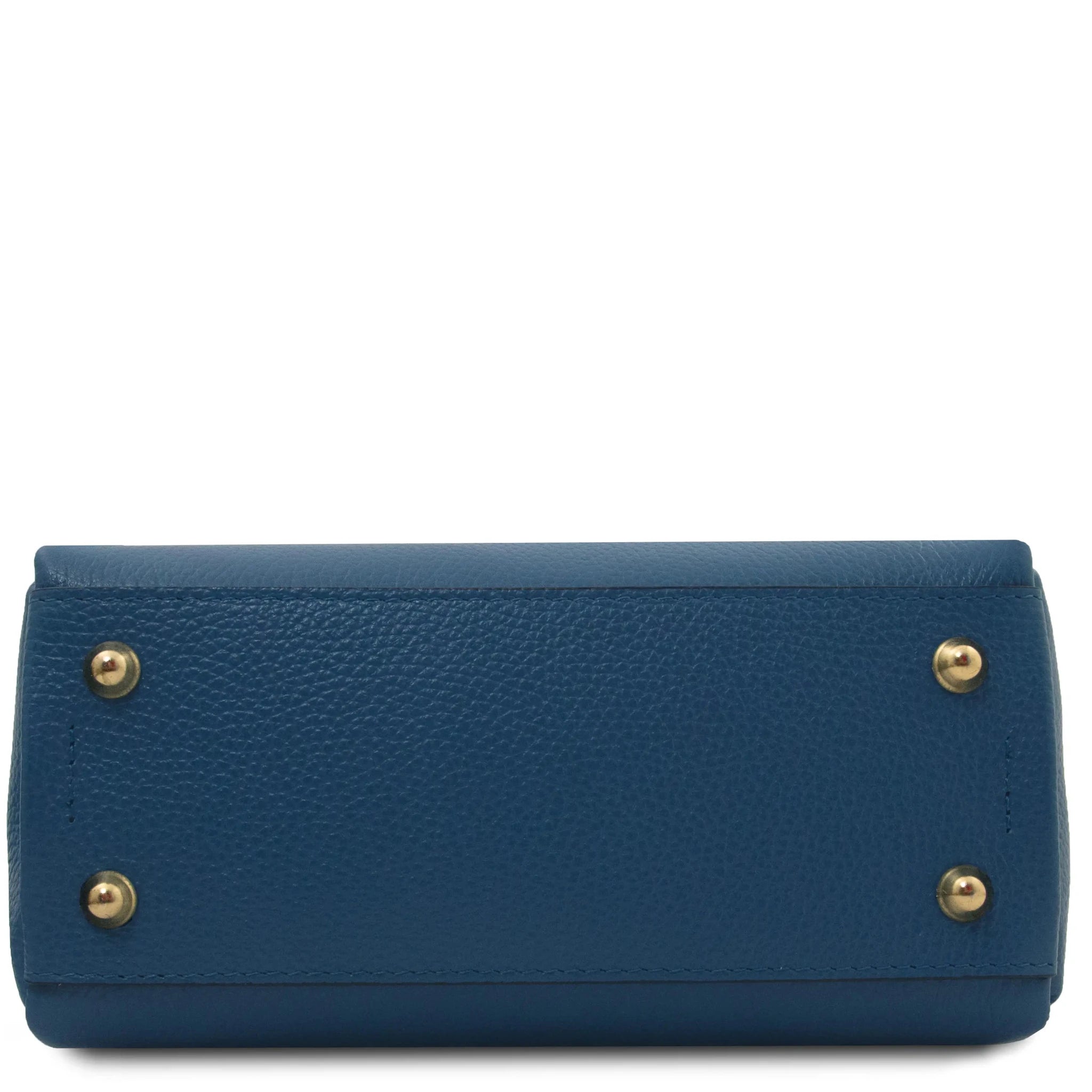 Bottom view Abby  Leather Bag in Denim with protective gold metal feet