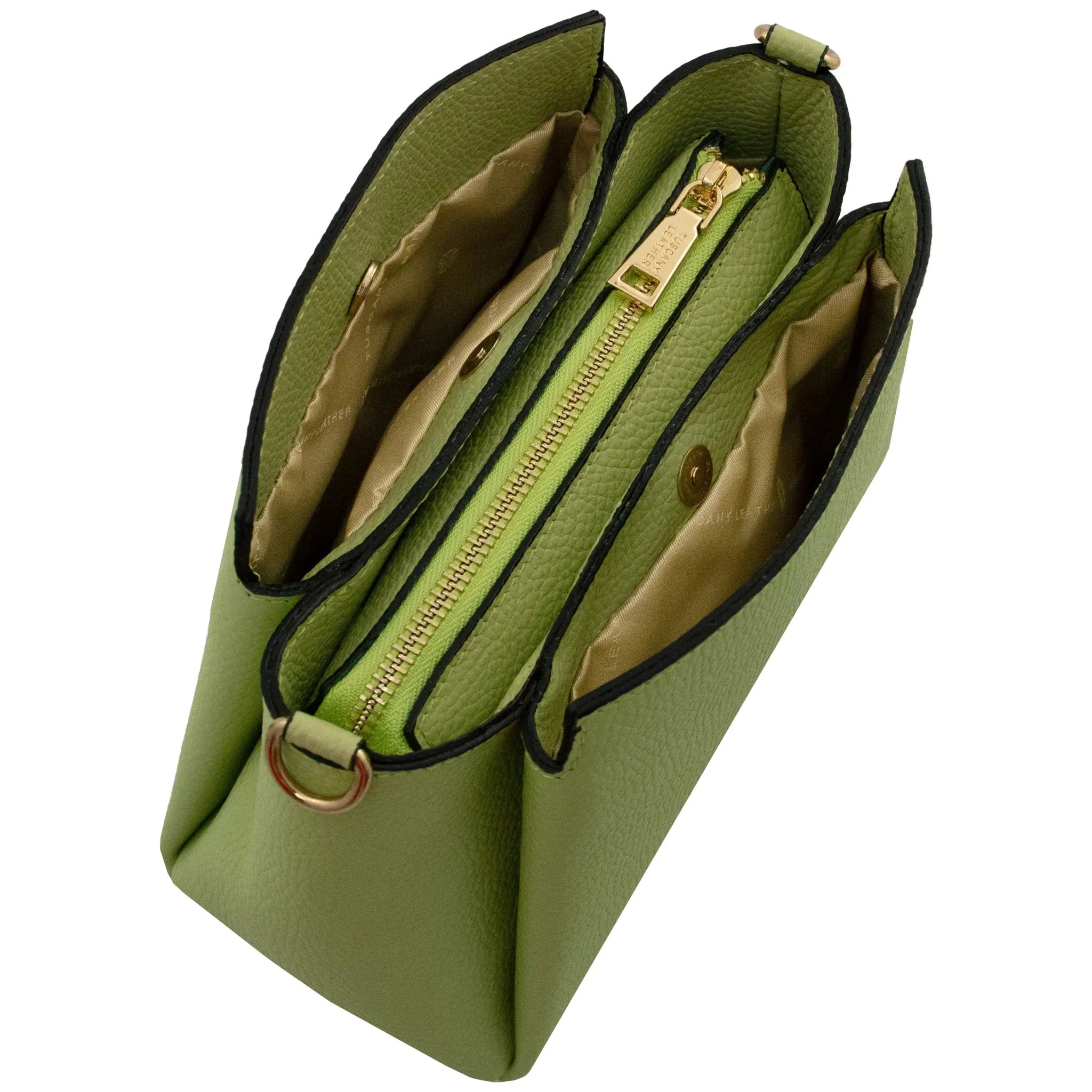 Top zippered compartment view Abby Leather Bag in Lime Green