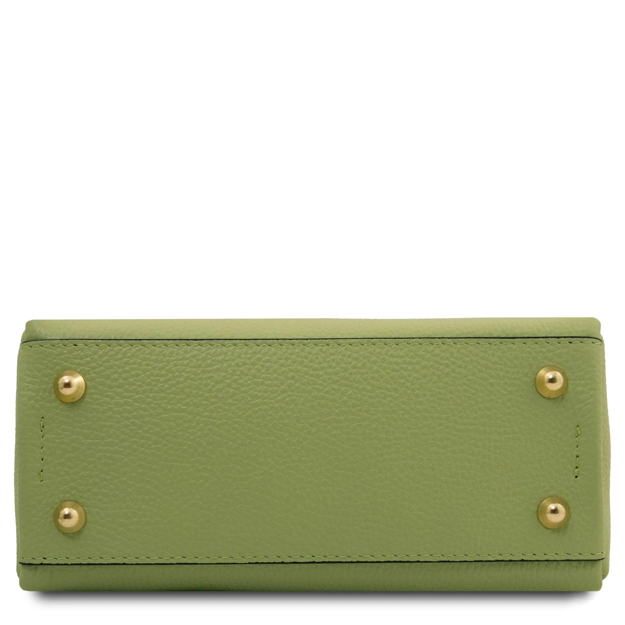 Bottom view Abby  Leather Bag in Lime Green with gold metal protective feet