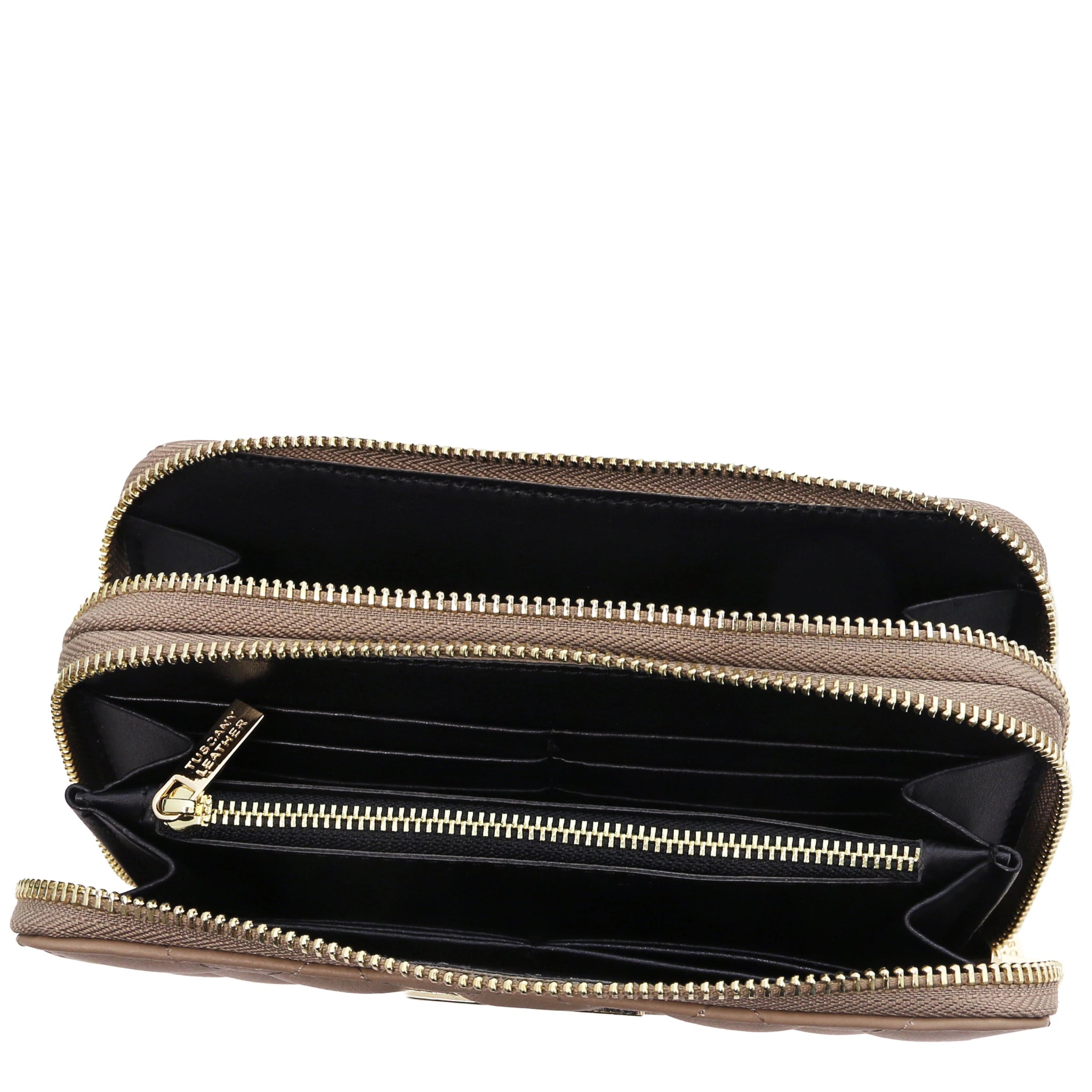Top interior view of zippered compartments and coin pocket of Ada Double Zip Around Wallet in dark taupe and dark lining