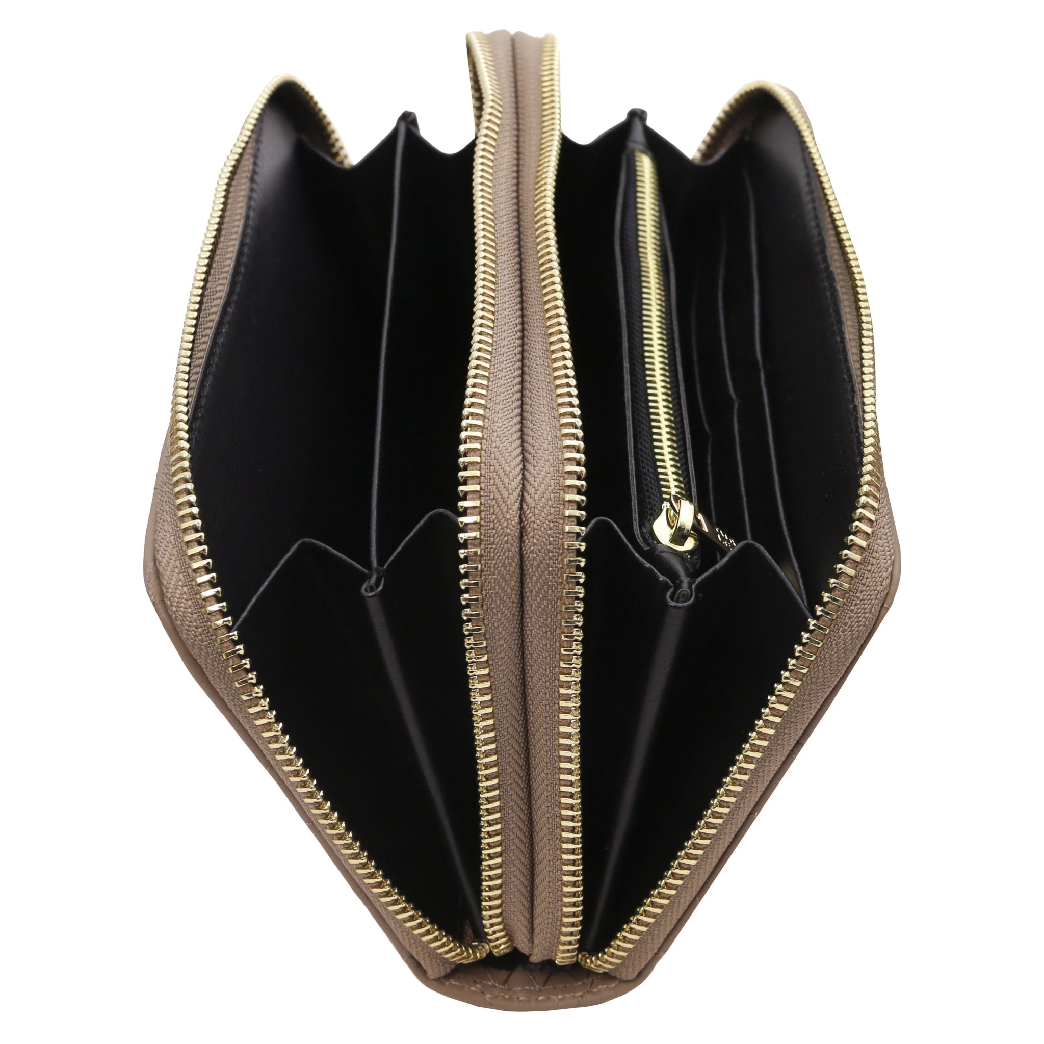 Top interior view of coin, open and card pockets of Ada Double Zip Around Wallet in dark taupe on white background