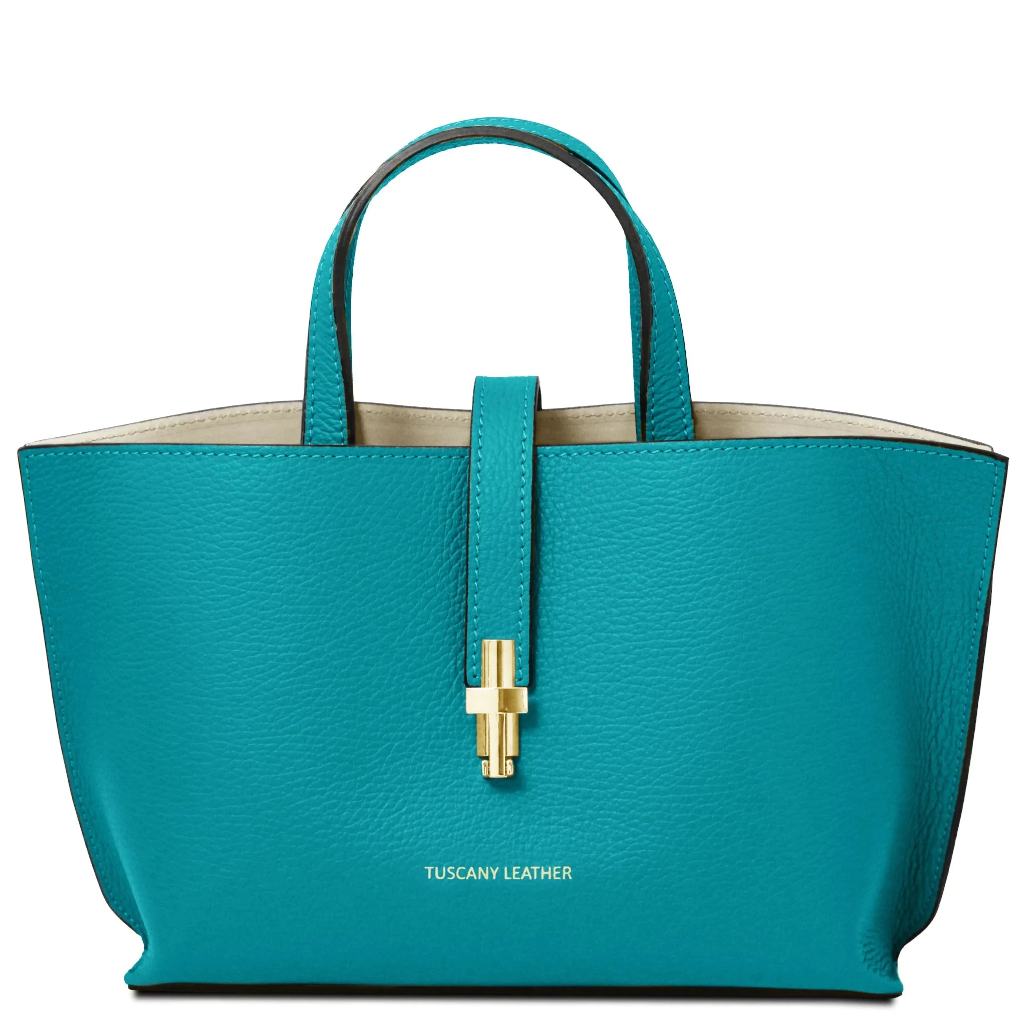 Turquoise leather handbag with gold clasp on white background, Tuscany Leather branding.