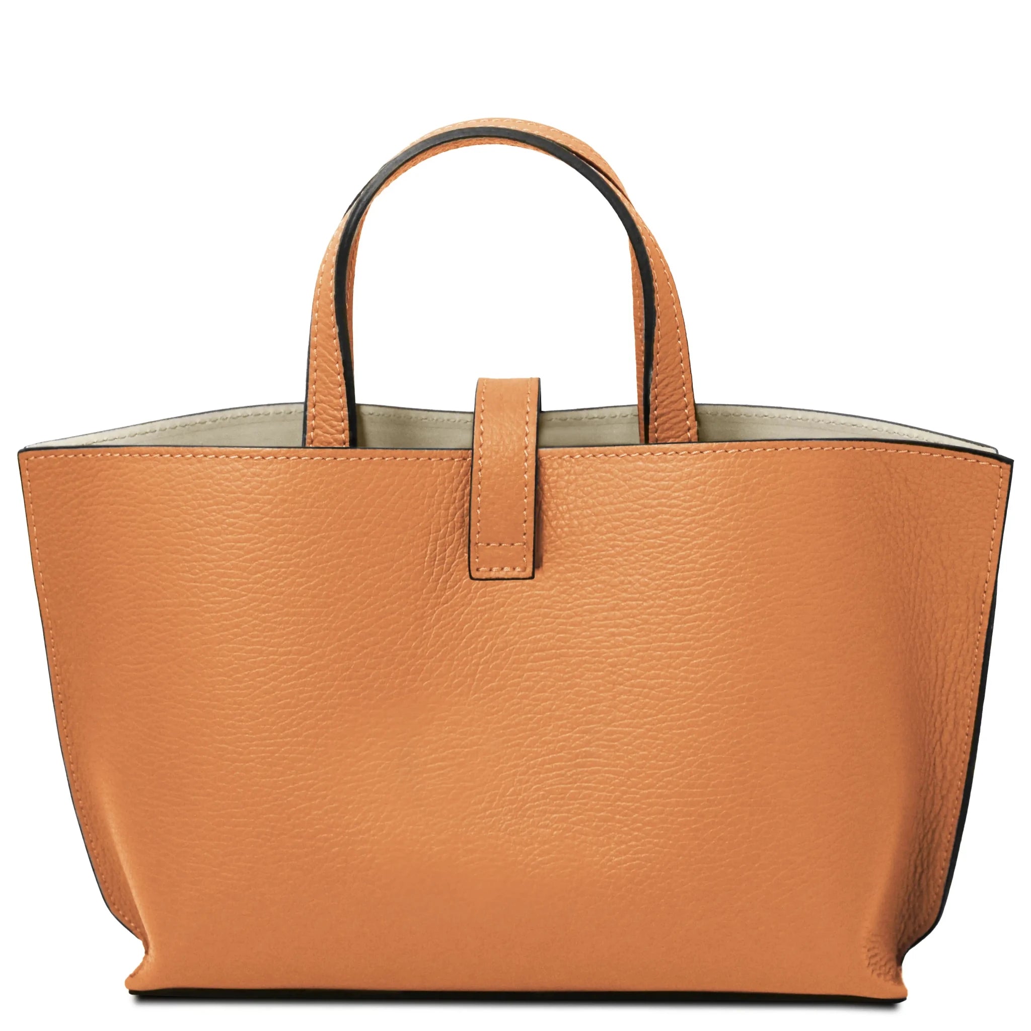 Back of apricot handbag on a white background