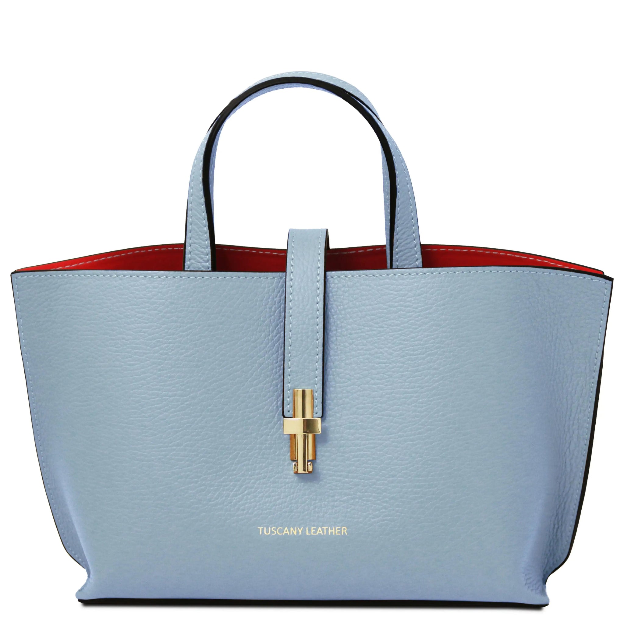 Light blue handbag with red interior and gold clasp on a white background