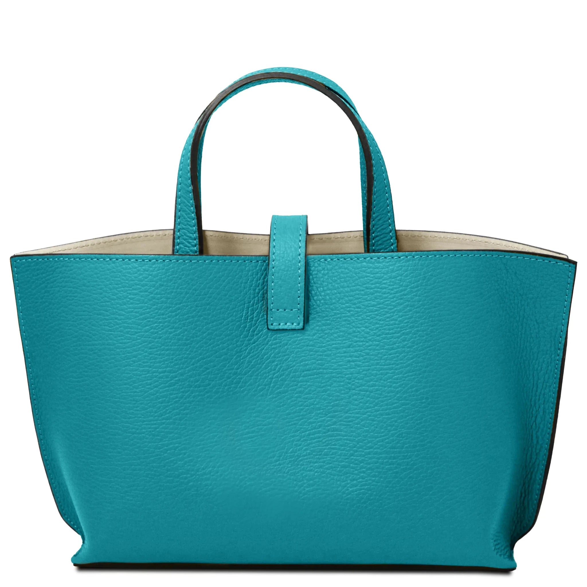 Back of Turquoise handbag with a red interior on a white background