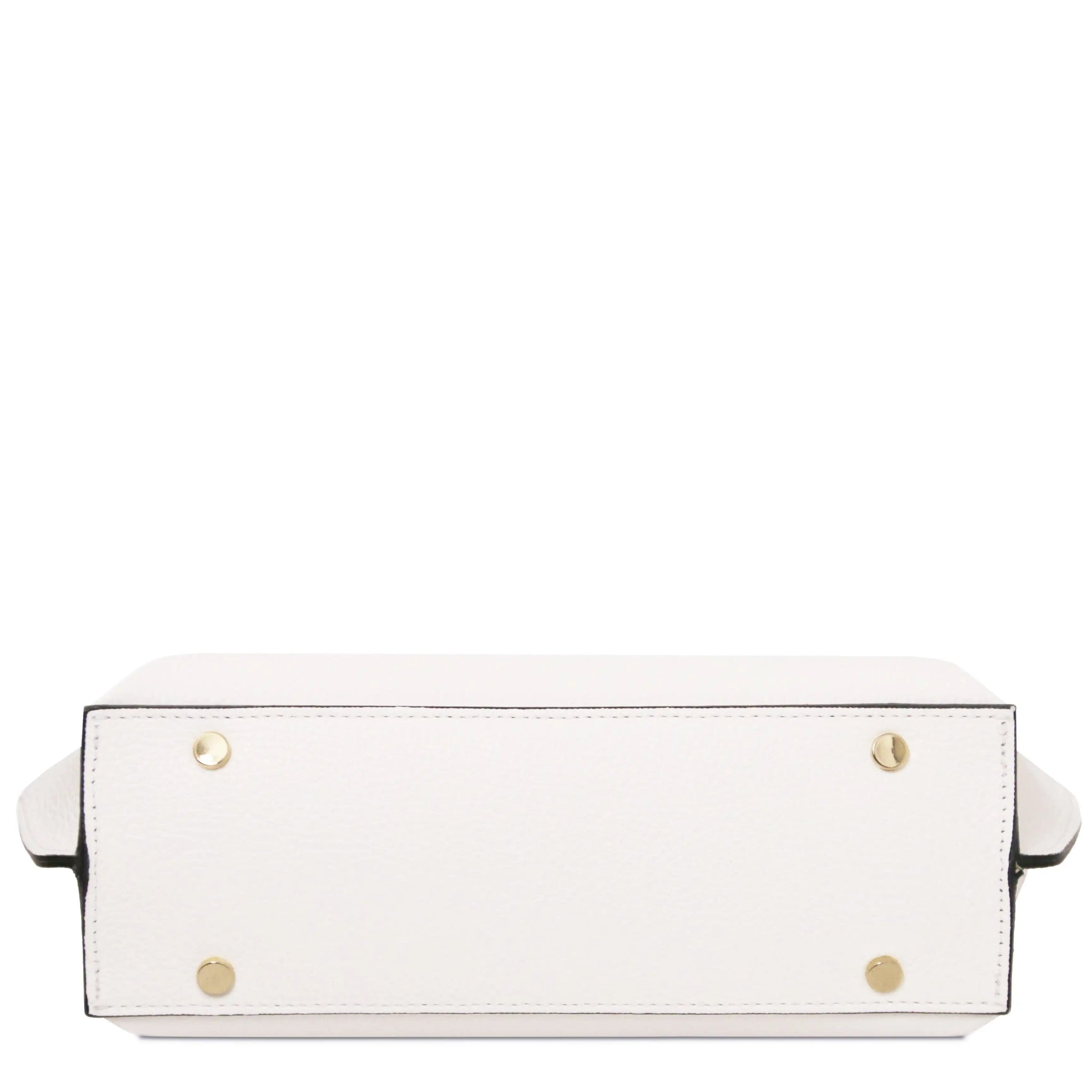 Bottom view White handbag with gold metal protective feet on a white background