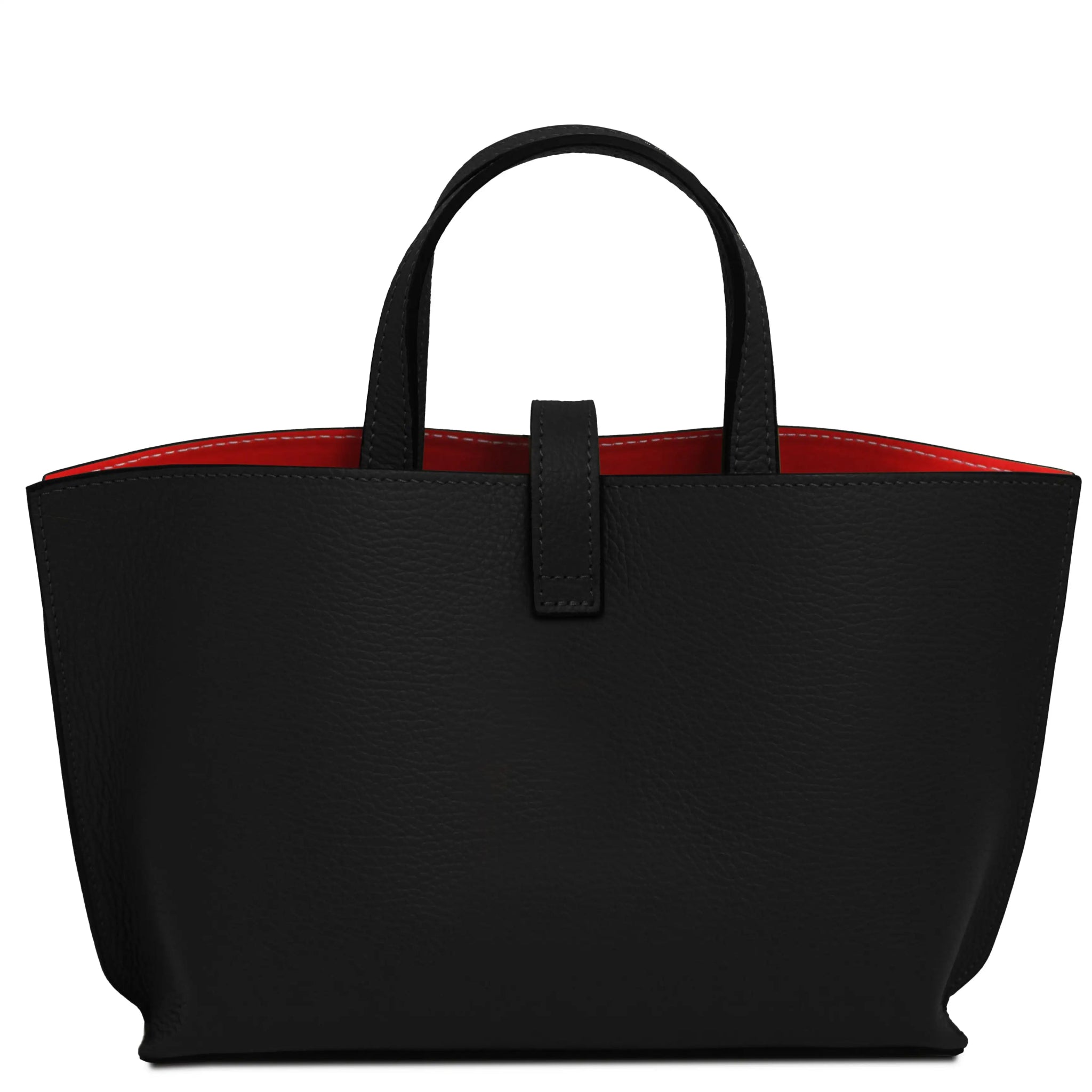 Back of Black handbag with a red interior on a white background