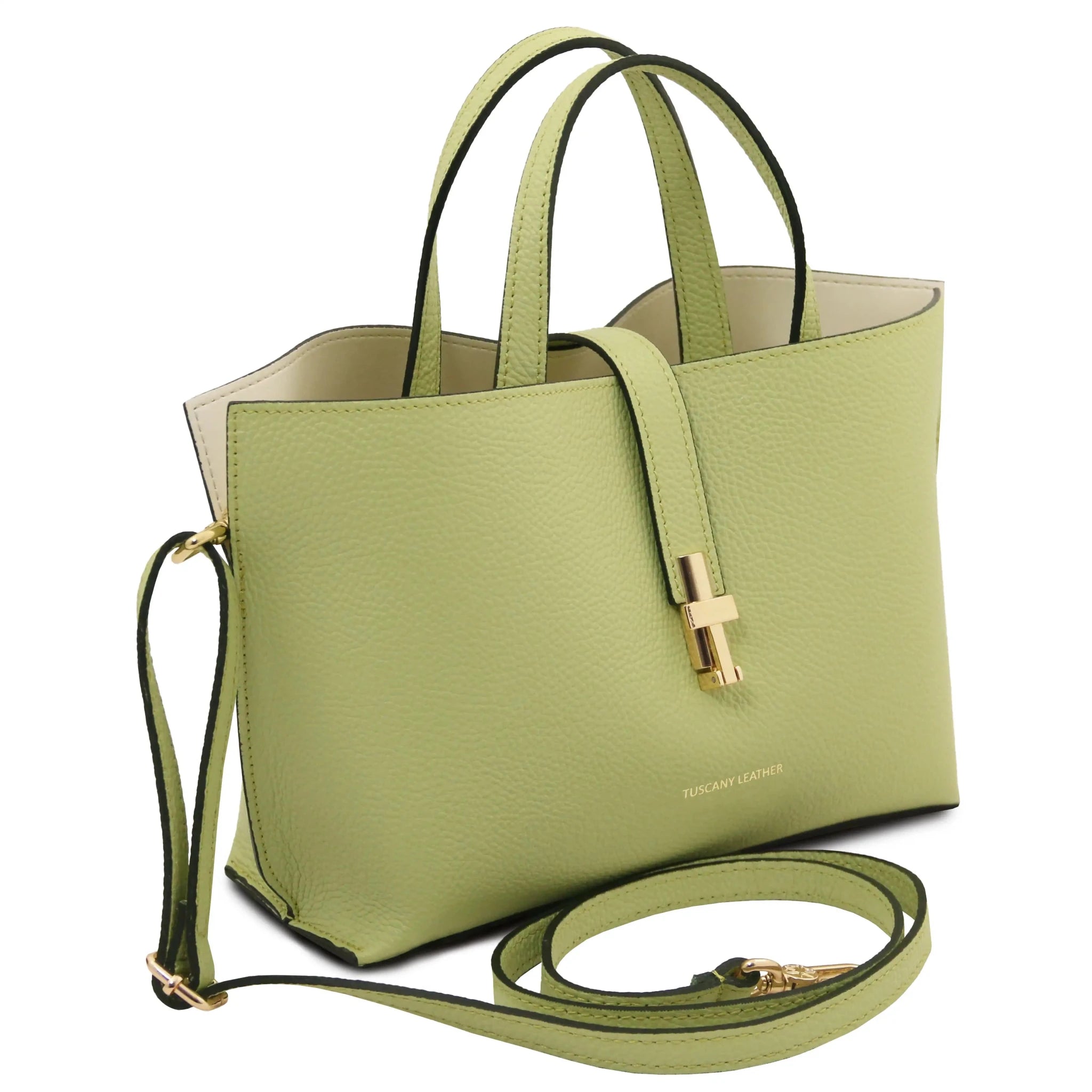 Lime Green handbag with gold accents, red interior and detachable crossbody strap on a white background