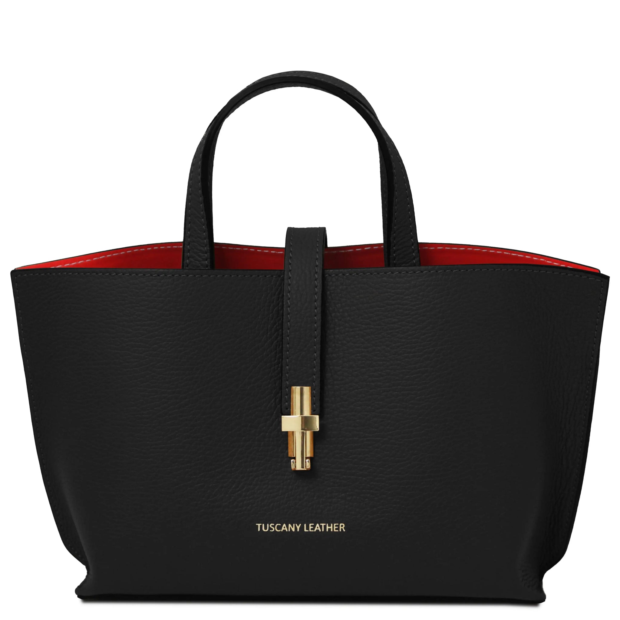 Black leather handbag with gold clasp on a white background, featuring Tuscany Leather branding.