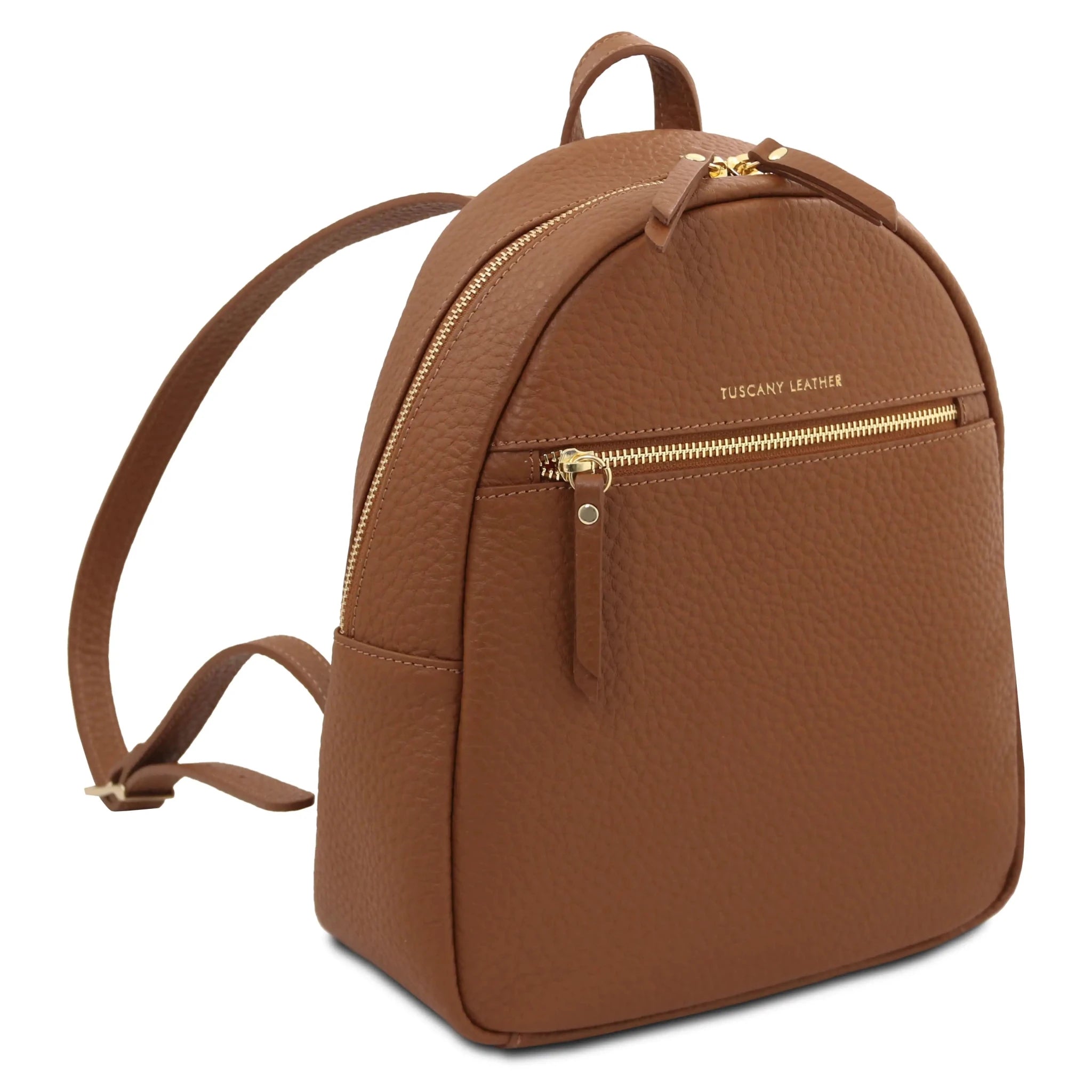 Front angled view Arco Italian Pebbled Leather Backpack in Cognac