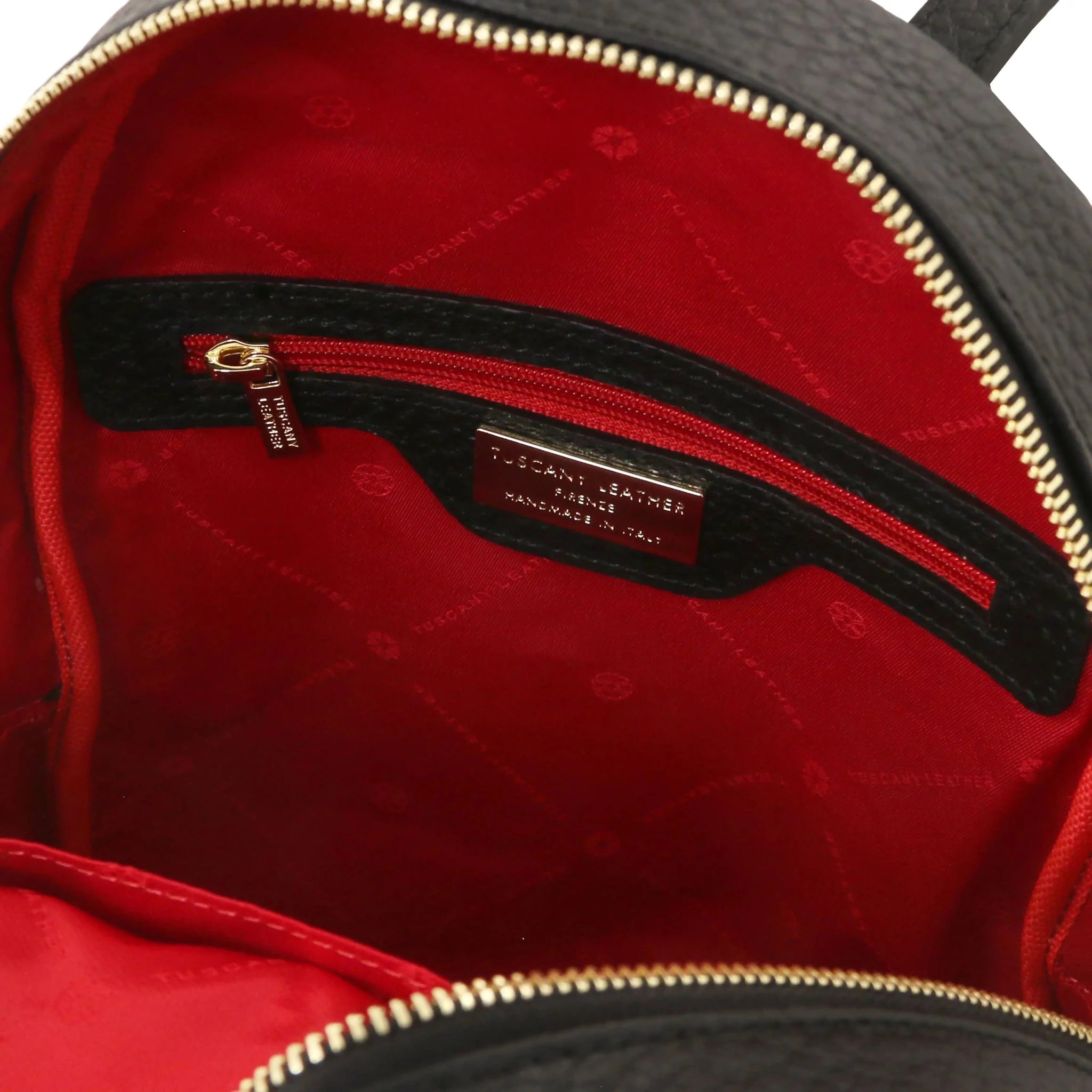 Interior zip Italian Pebbled Leather Backpack in Black with red lining