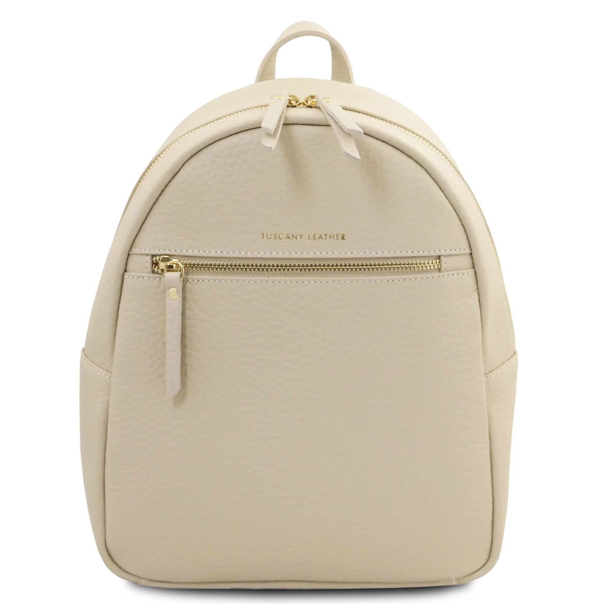 Front view Arco Italian Pebbled Leather Backpack in Beige