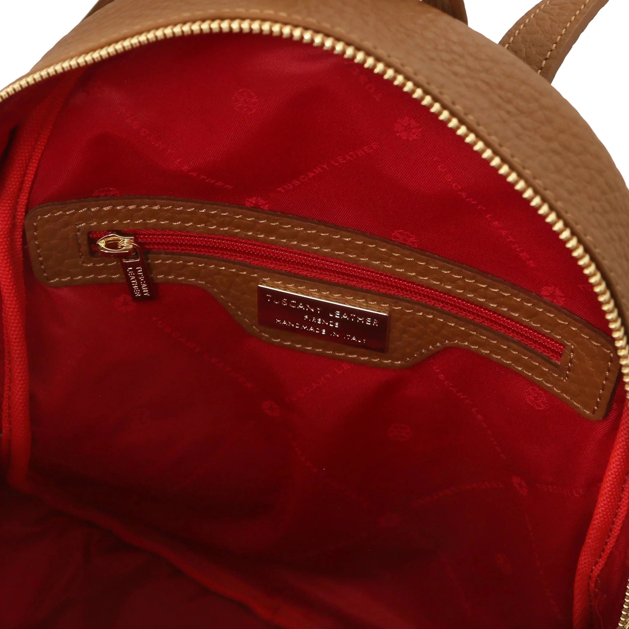 Interior zip Italian Pebbled Leather Backpack in Cognac with red lining