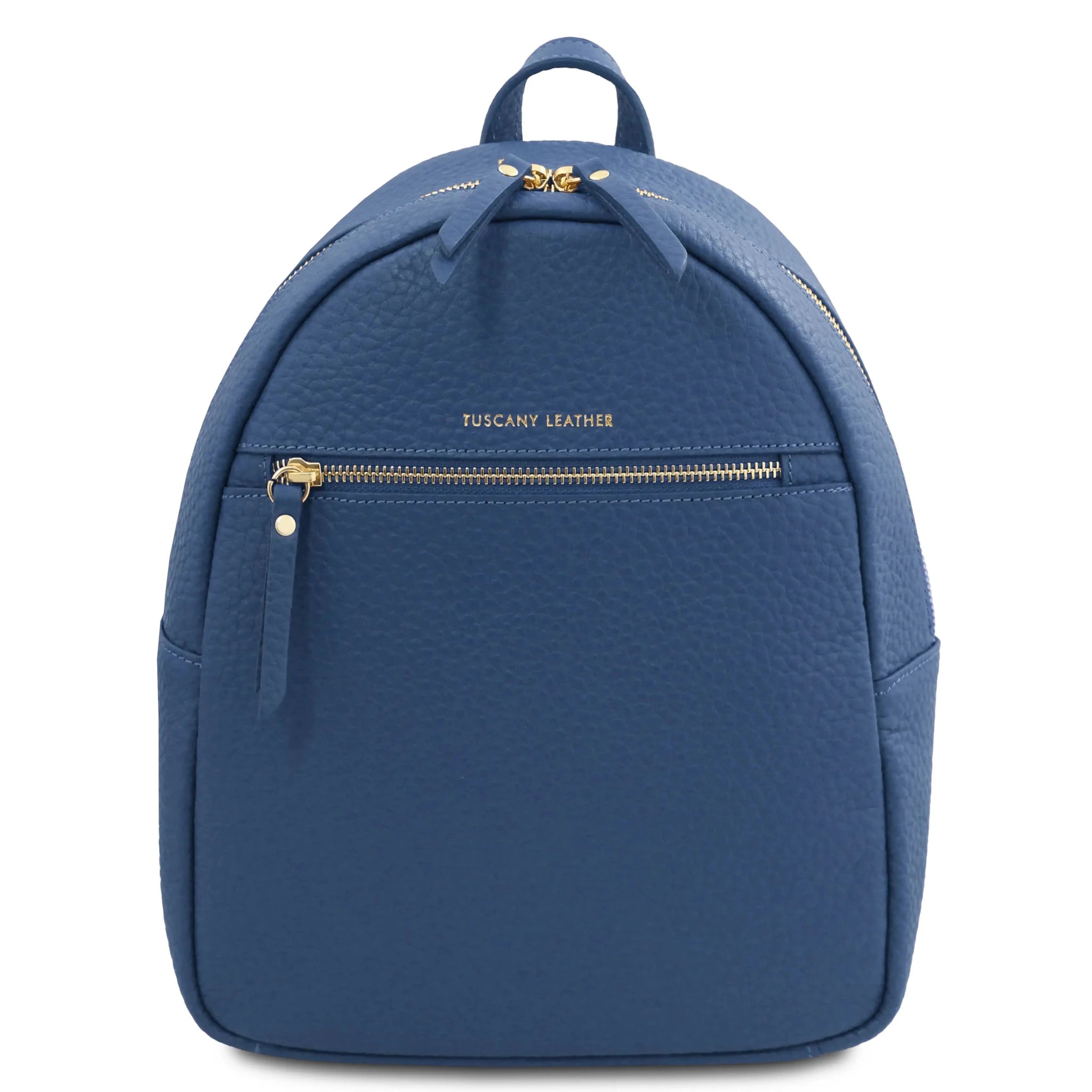 Front view Arco Italian Pebbled Leather Backpack in Denim