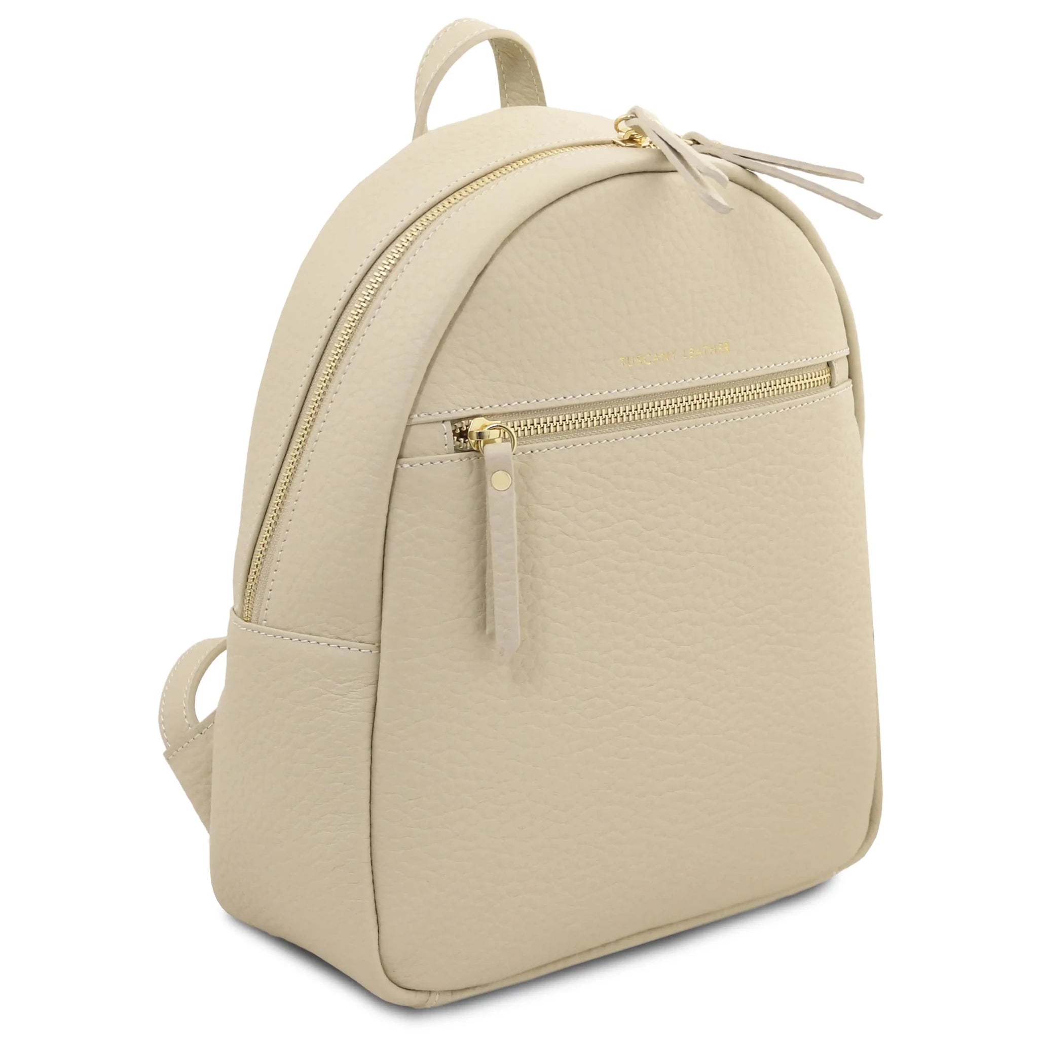 Front angled view Arco Italian Pebbled Leather Backpack in Beige