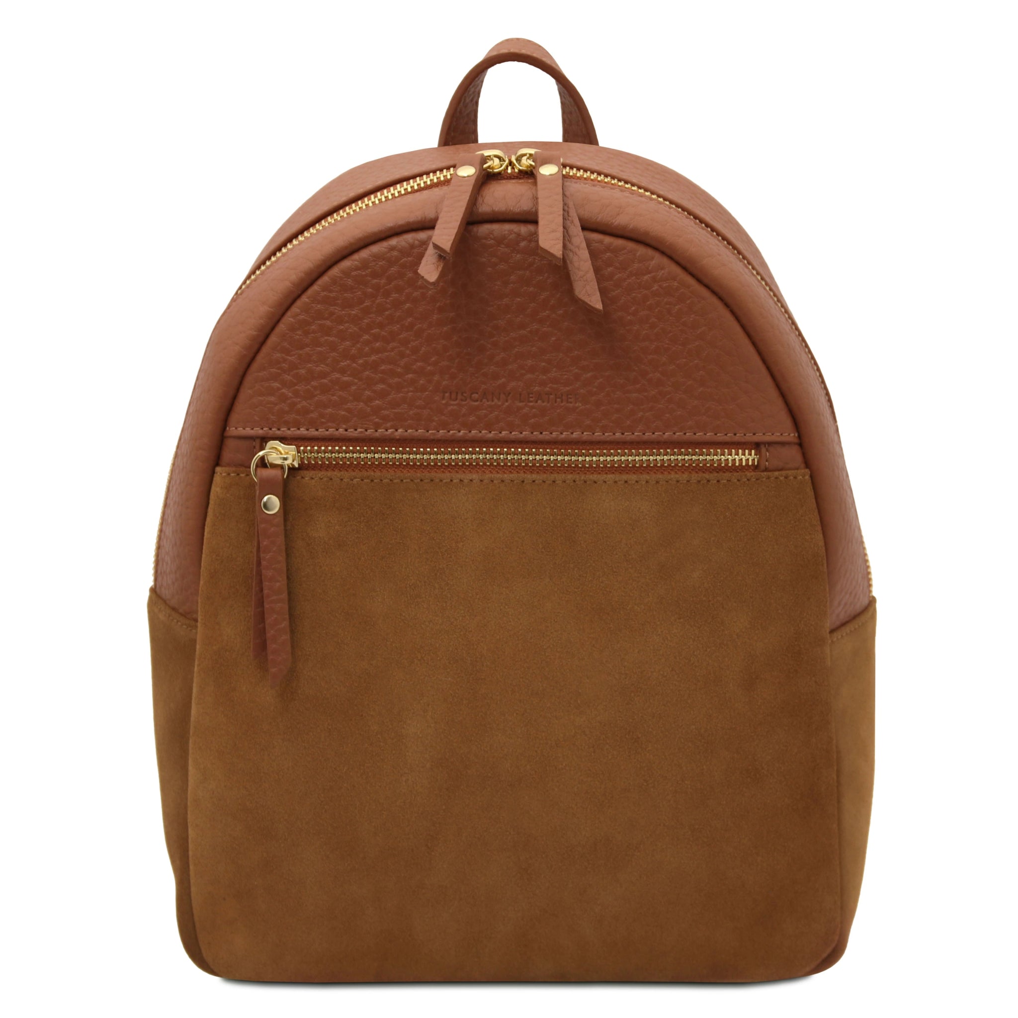 Front view Arco Italian Pebbled Leather Backpack in Cognac