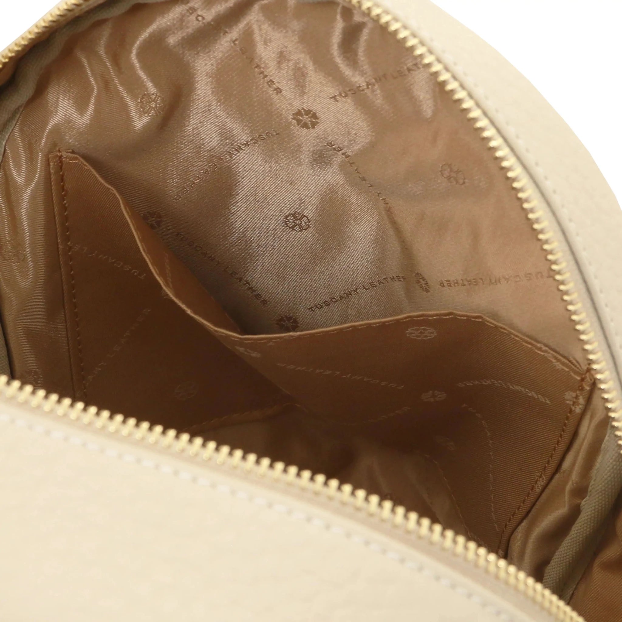 Interior open pocket view Arco Italian Pebbled Leather Backpack in Beige with tan lining