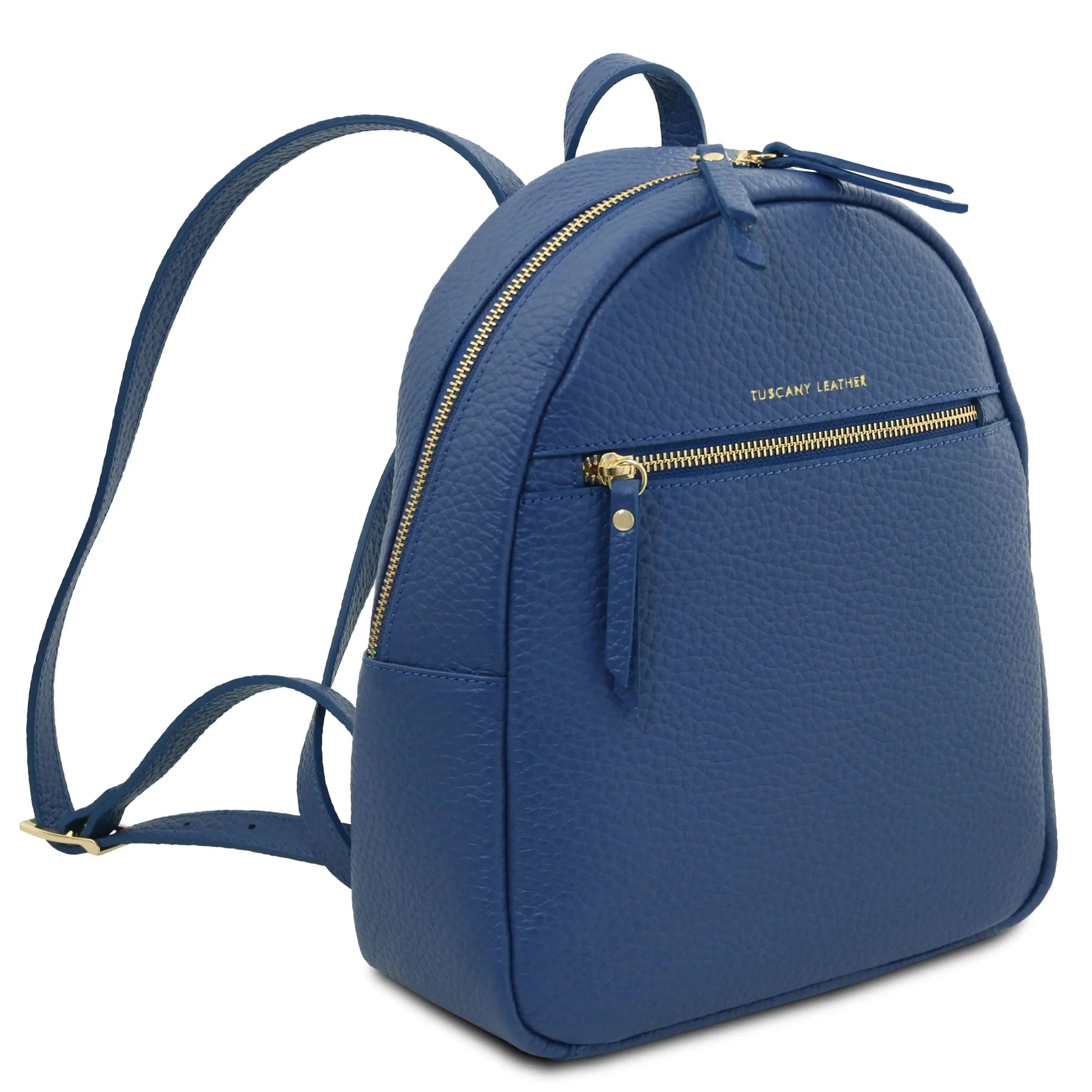 Front angled view Arco Italian Pebbled Leather Backpack in Denim