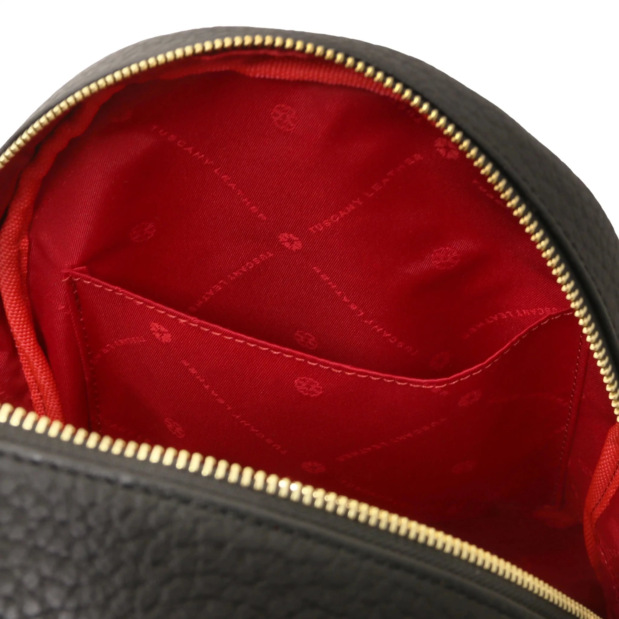 Interior open pocket view Arco Italian Pebbled Leather Backpack in Black with red lining
