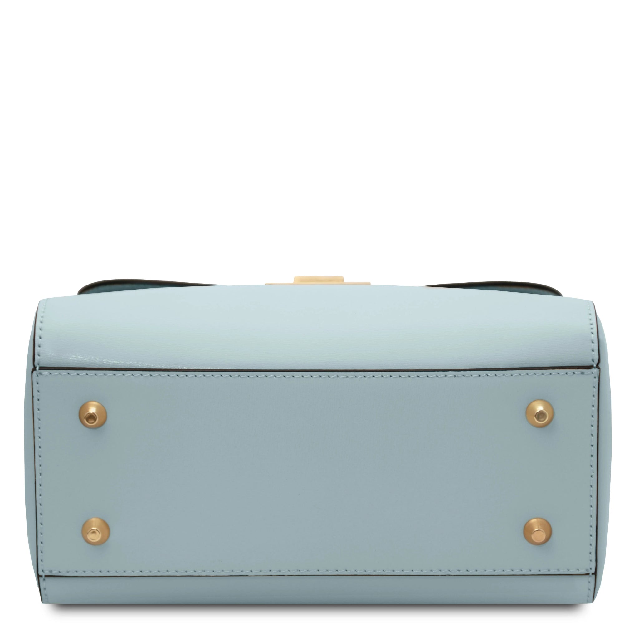 Bottom view Armonia Leather Handbag in Light Blue showing golden protective feet