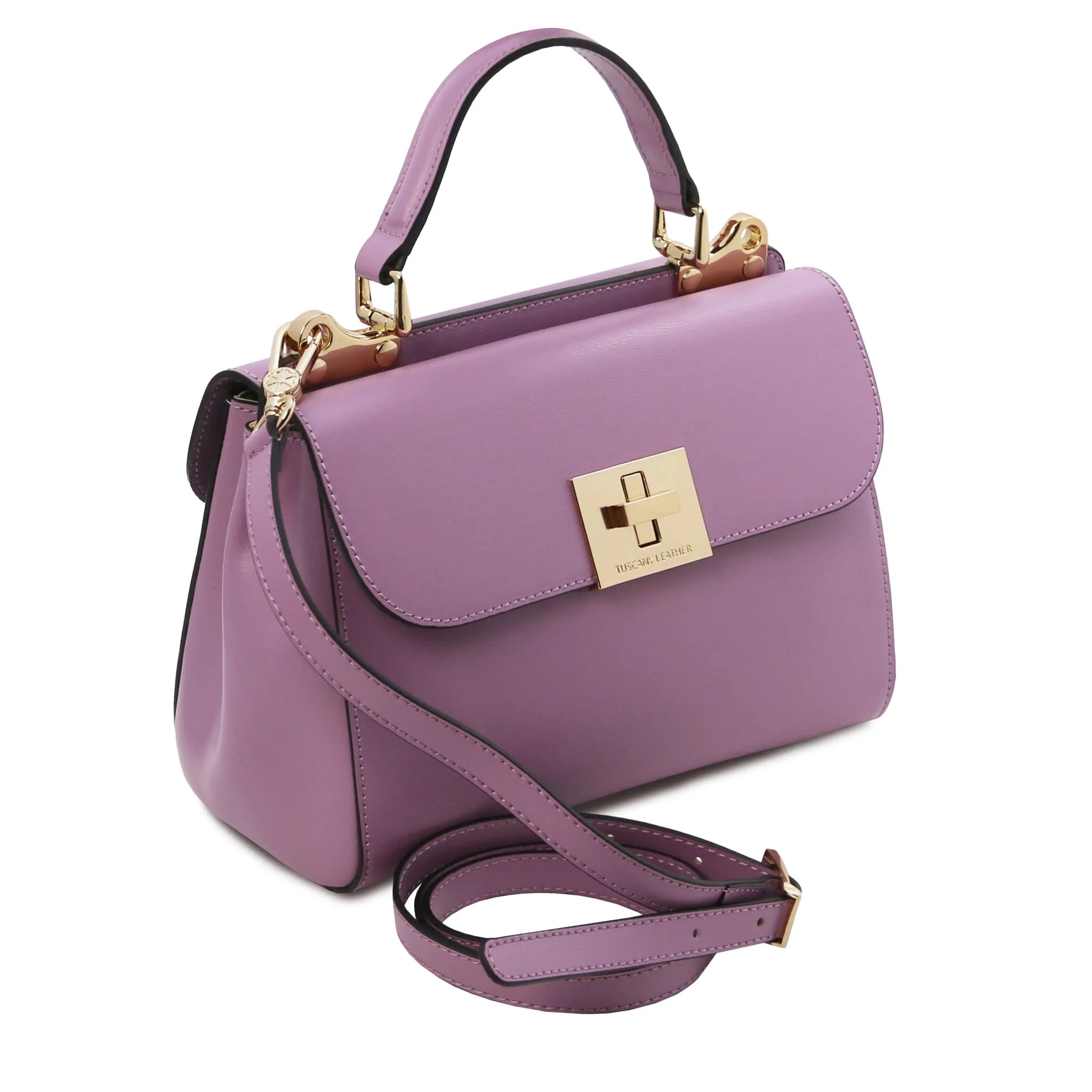 Front View with shoulder strap Armonia Italian Leather Handbag in Lilac