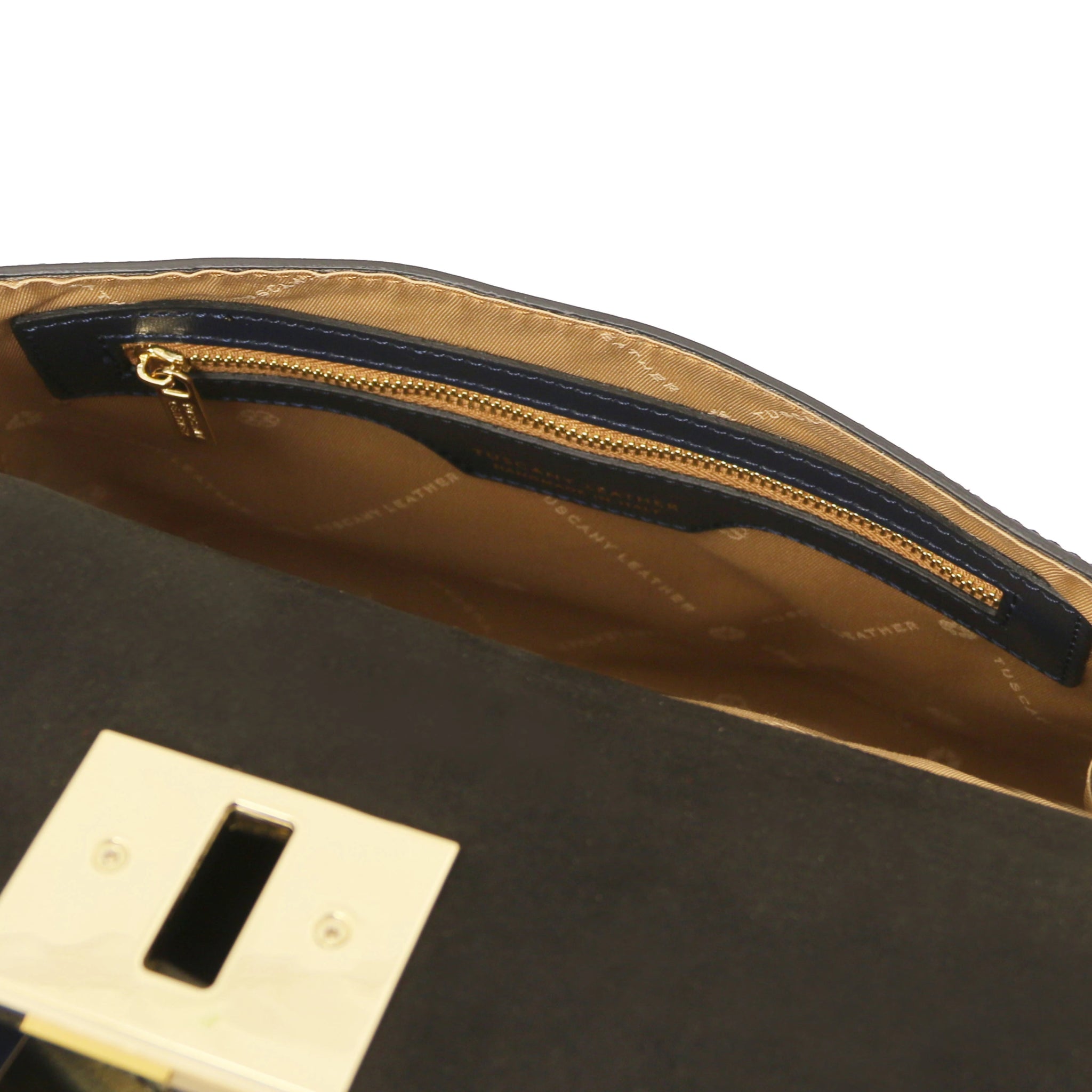 Armonia Italian Leather Handbag in Dark Navy - beige polyester Interior Zip pocket View