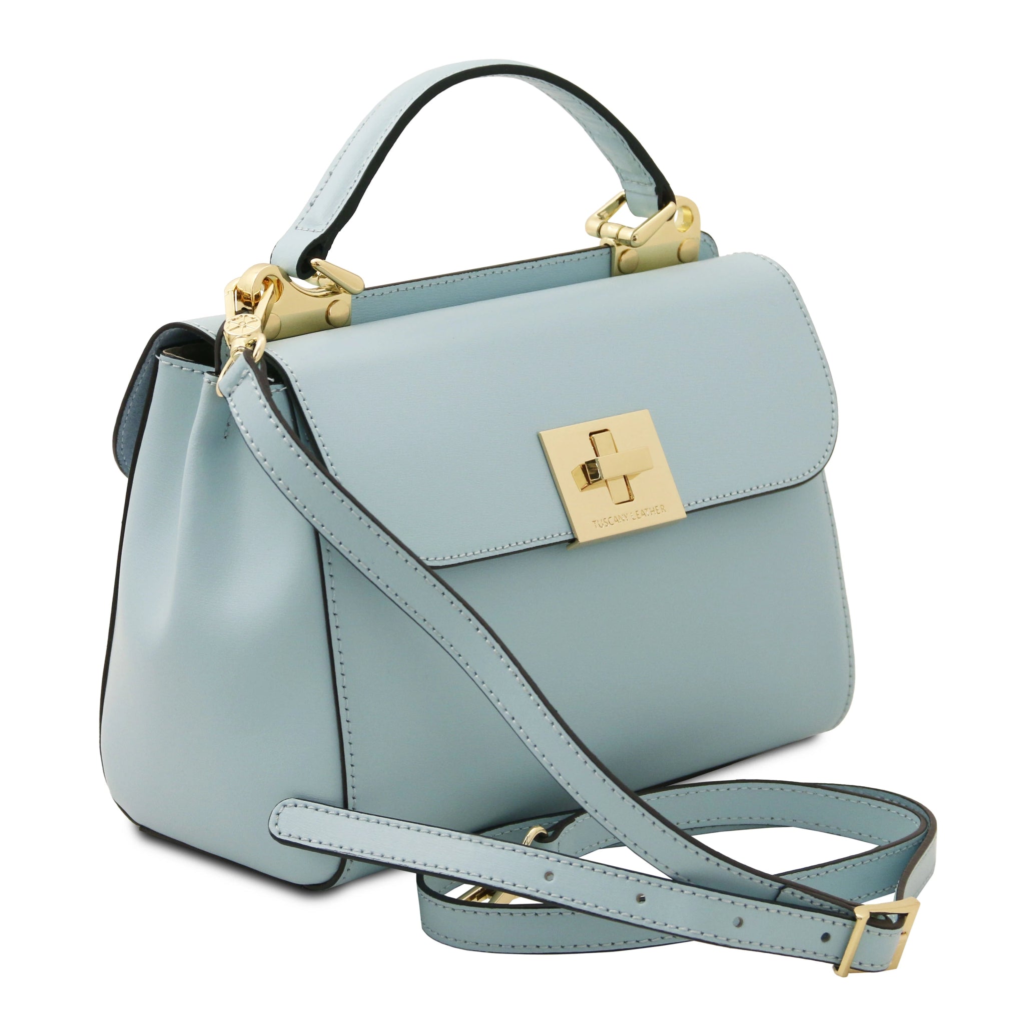 Front side view Armonia Leather Handbag in Light Blue showing handle and detachable shoulder strap