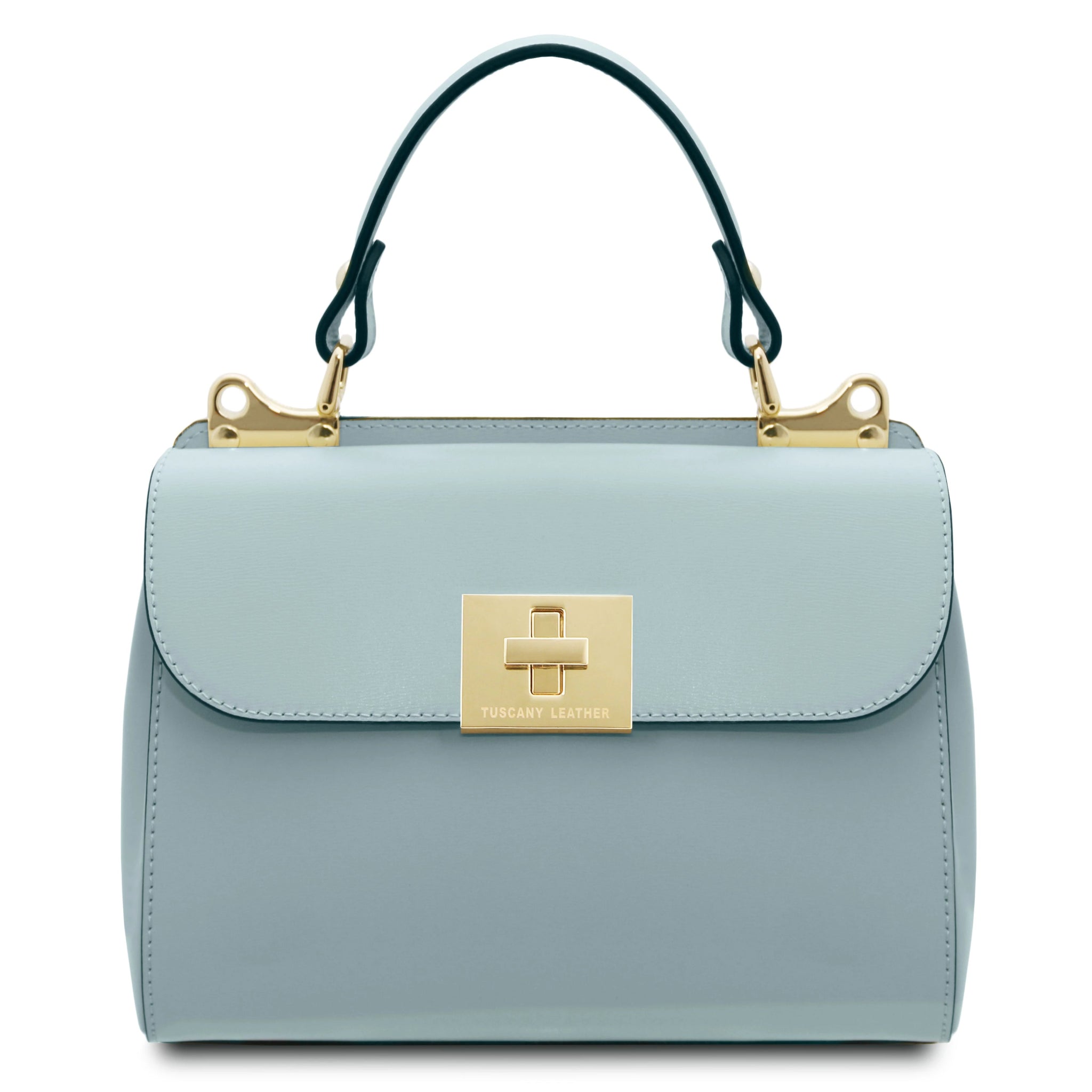 Front view Armonia Leather Handbag in Light Blue showing handle and flap magnetic button closure