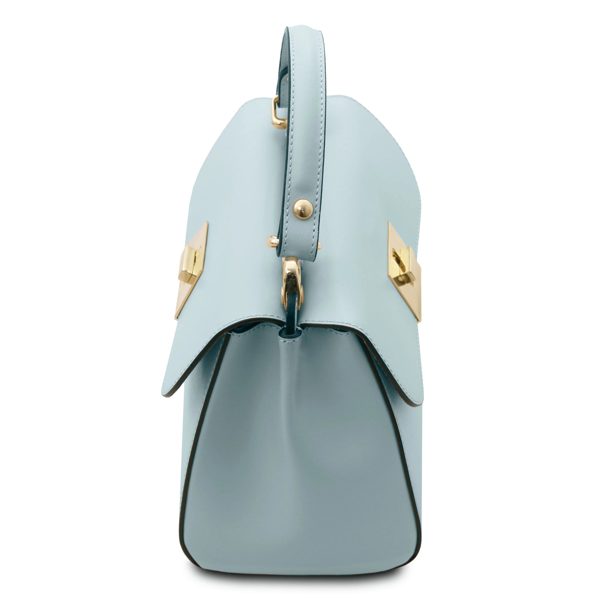 Top view Armonia Leather Handbag in Light Blue showing handle and view of front and back flap closures