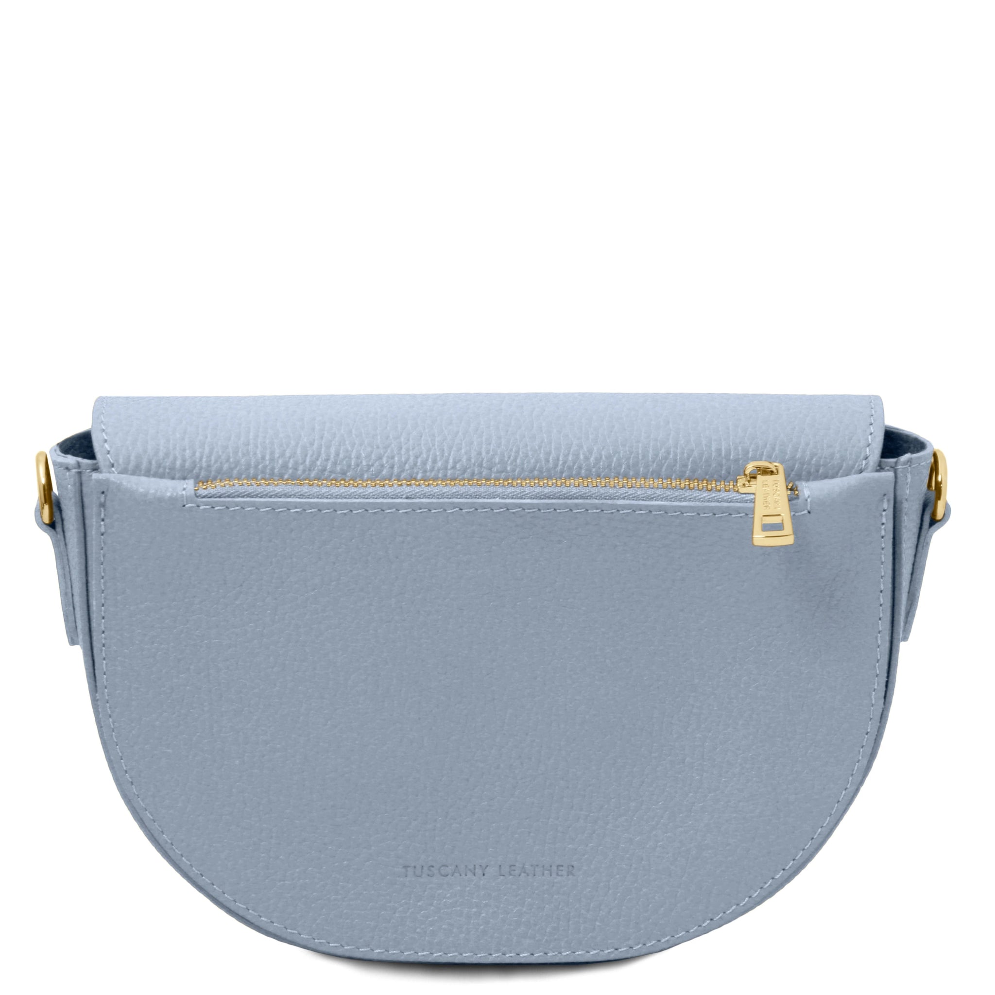 Back view Astrea Leather Shoulder Bag in light blue on a white background showing gold accented large zippered pocket