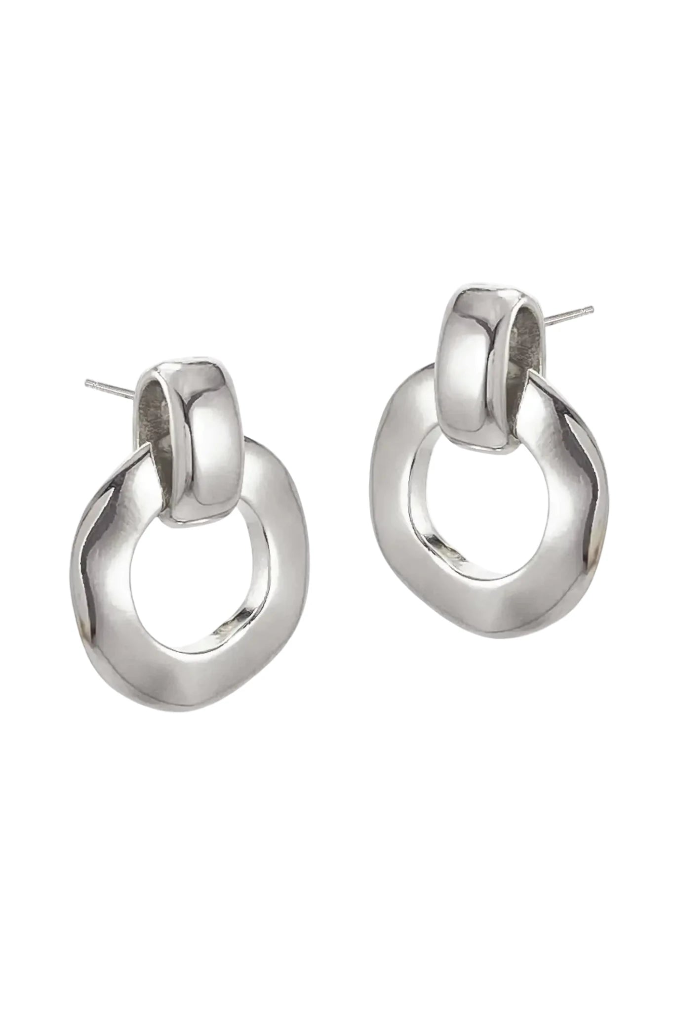 Pair of silver hoop earrings on a white background