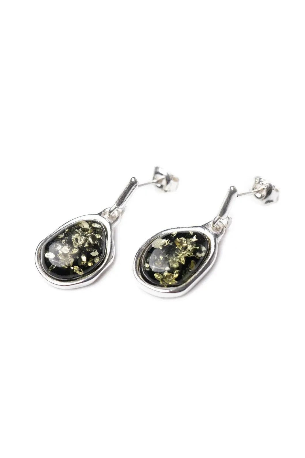 Baltic Green Amber Asymmetrical Sterling Silver Drop Earrings  on a white background