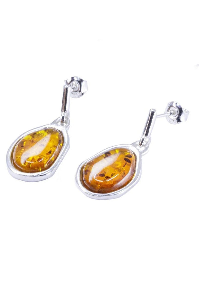 Baltic Honey Amber Asymmetrical Sterling Silver Drop Earrings on a white background