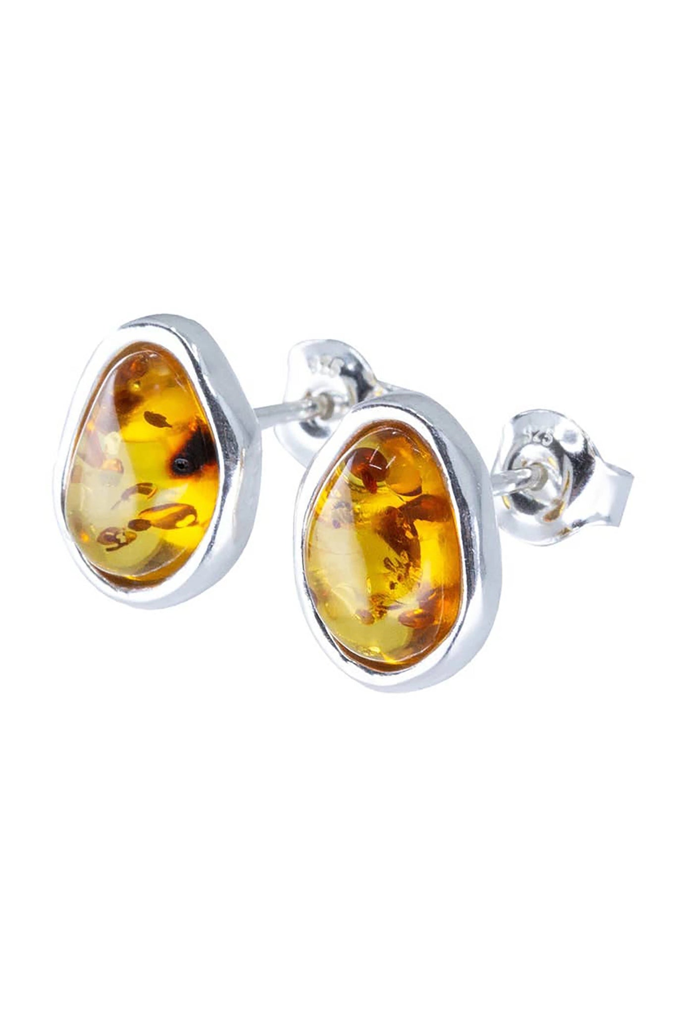 Baltic Honey Amber Element Stud Sterling Silver Earrings are on a white background