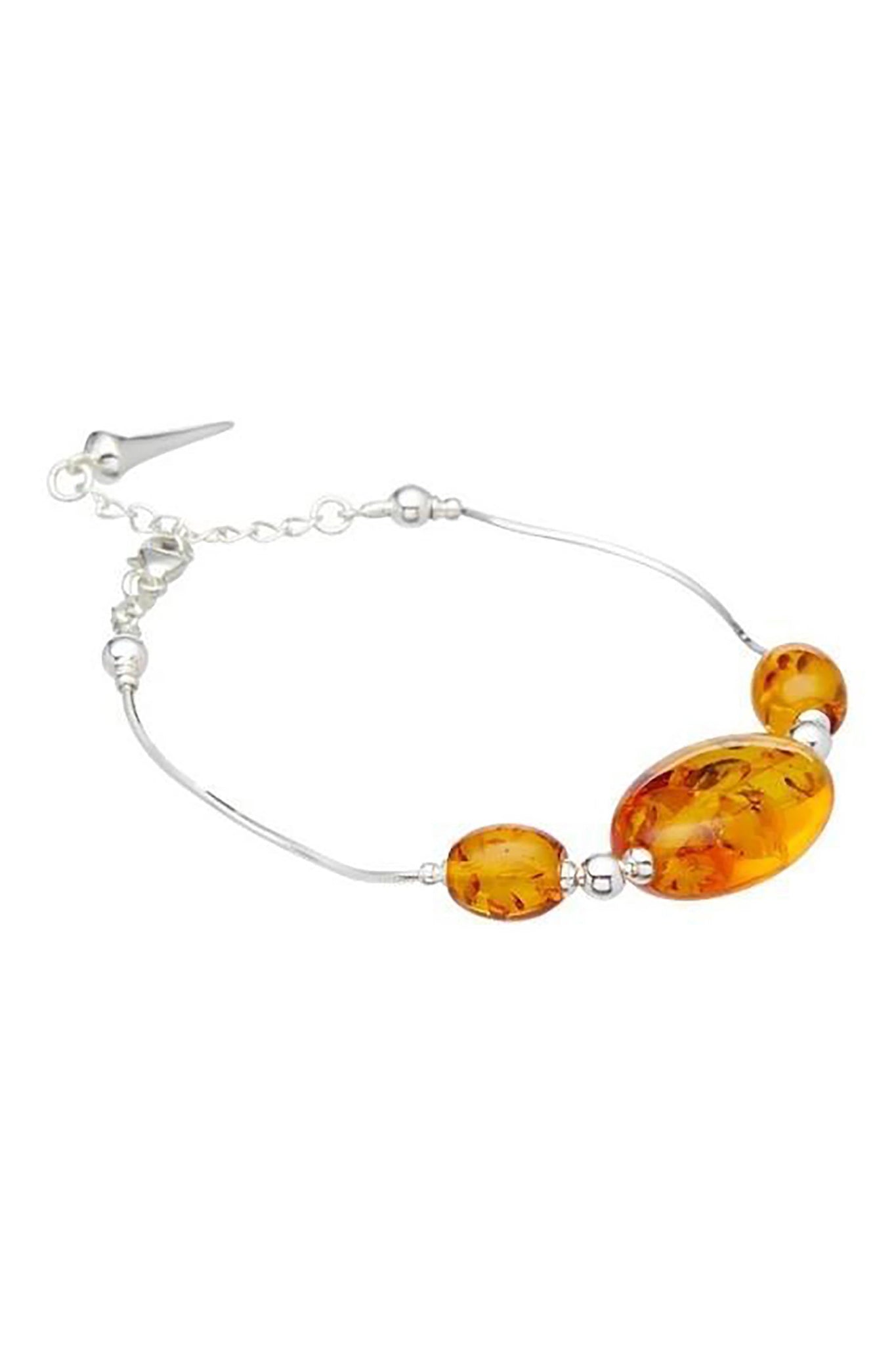 Baltic Honey Amber Stone Bracelet on white showcasing three amber stones, a sterling silver setting and adjustable fit .