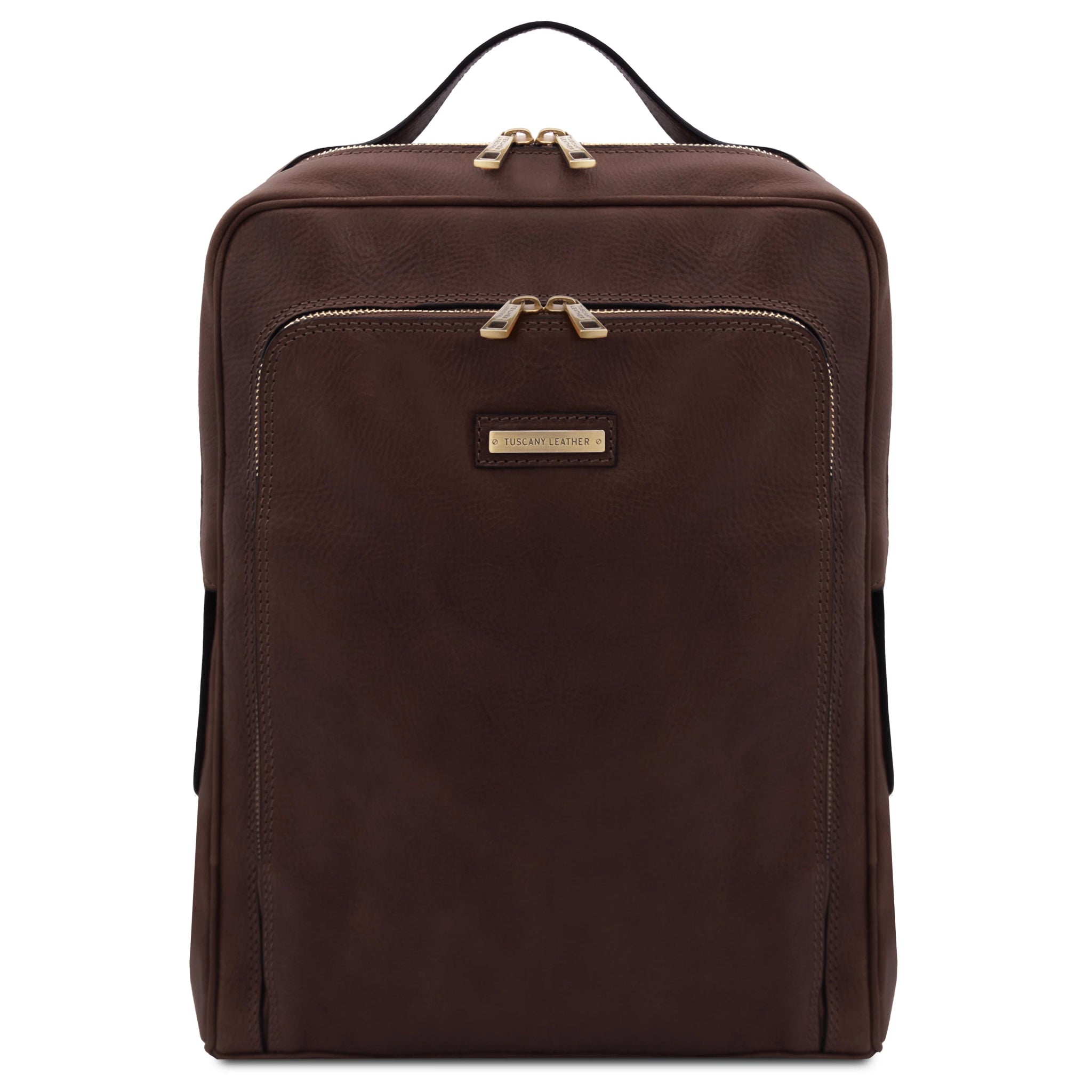 Dark Brown leather backpack with gold zippers on a white background