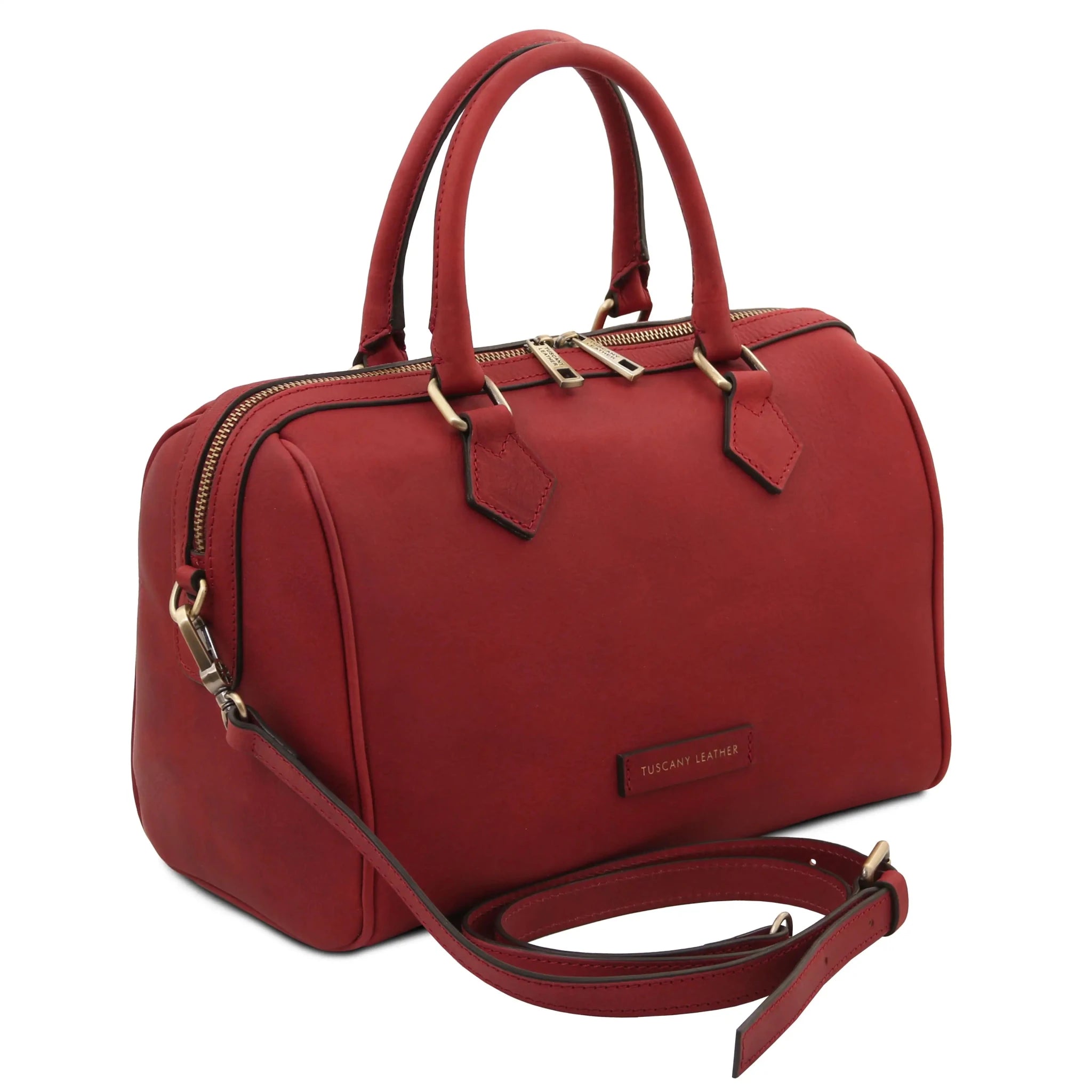 Front side angled View Barrique Leather Duffle bag in red with shoulder strap
