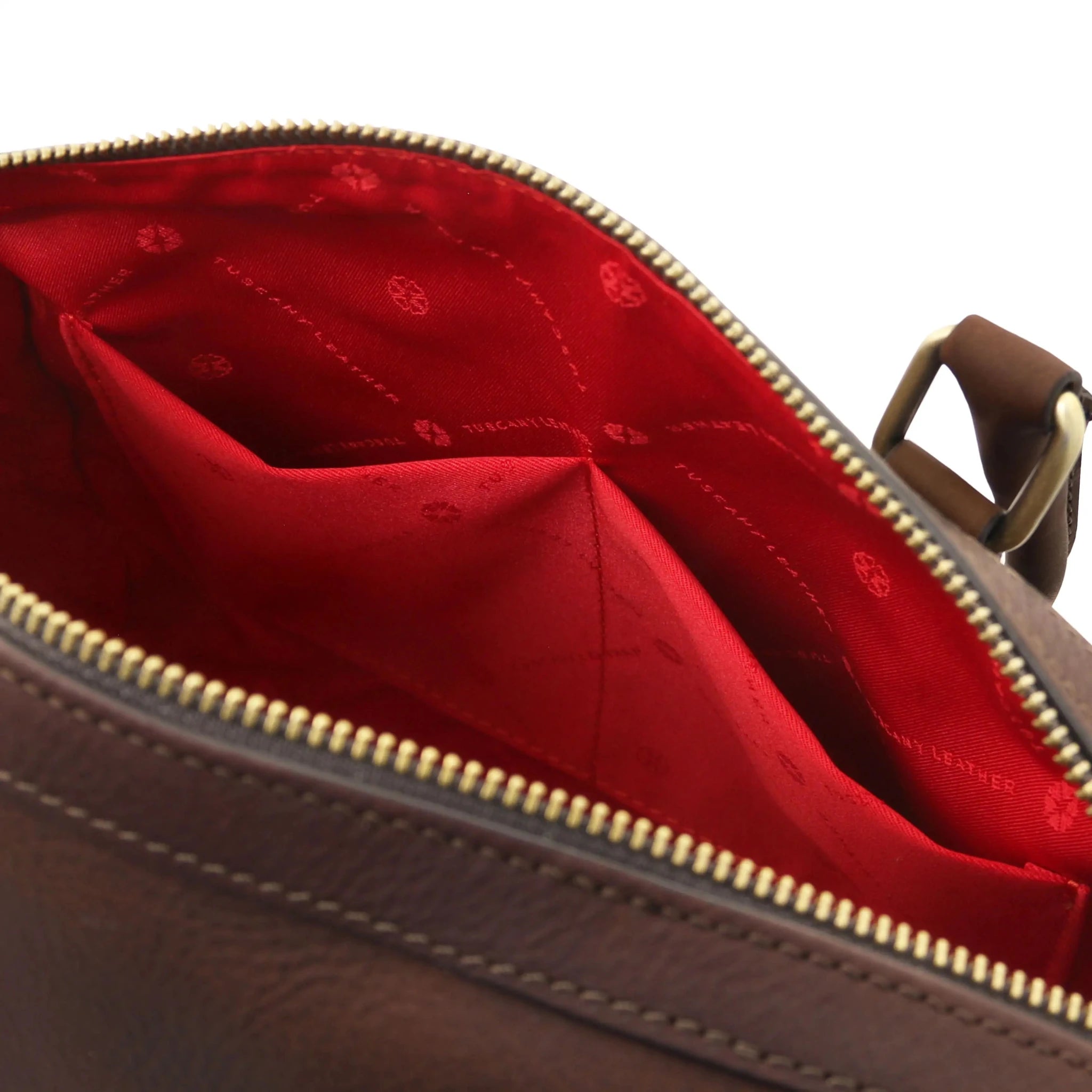 Interior open pockets view Barrique Leather bag in dark brown with red lining