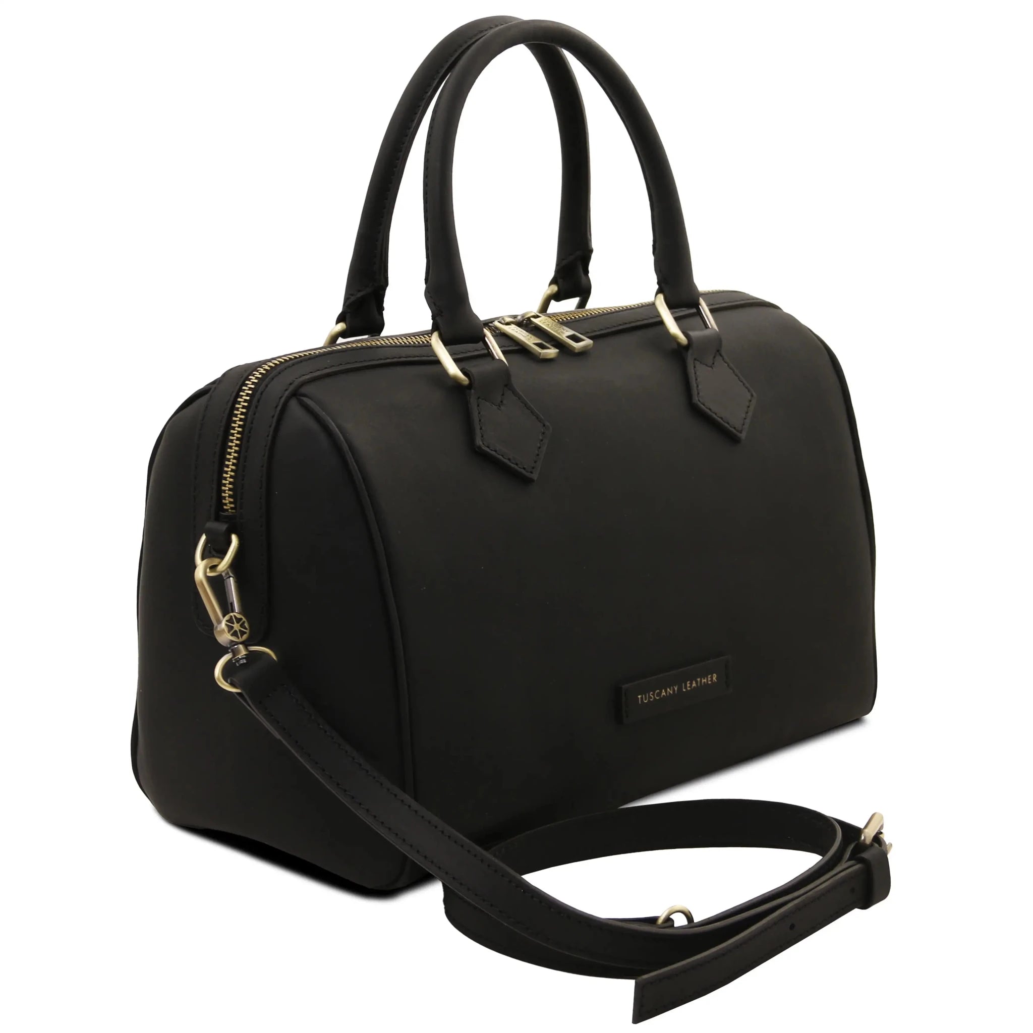 Front side angled View Barrique Leather Duffle bag in black with shoulder strap
