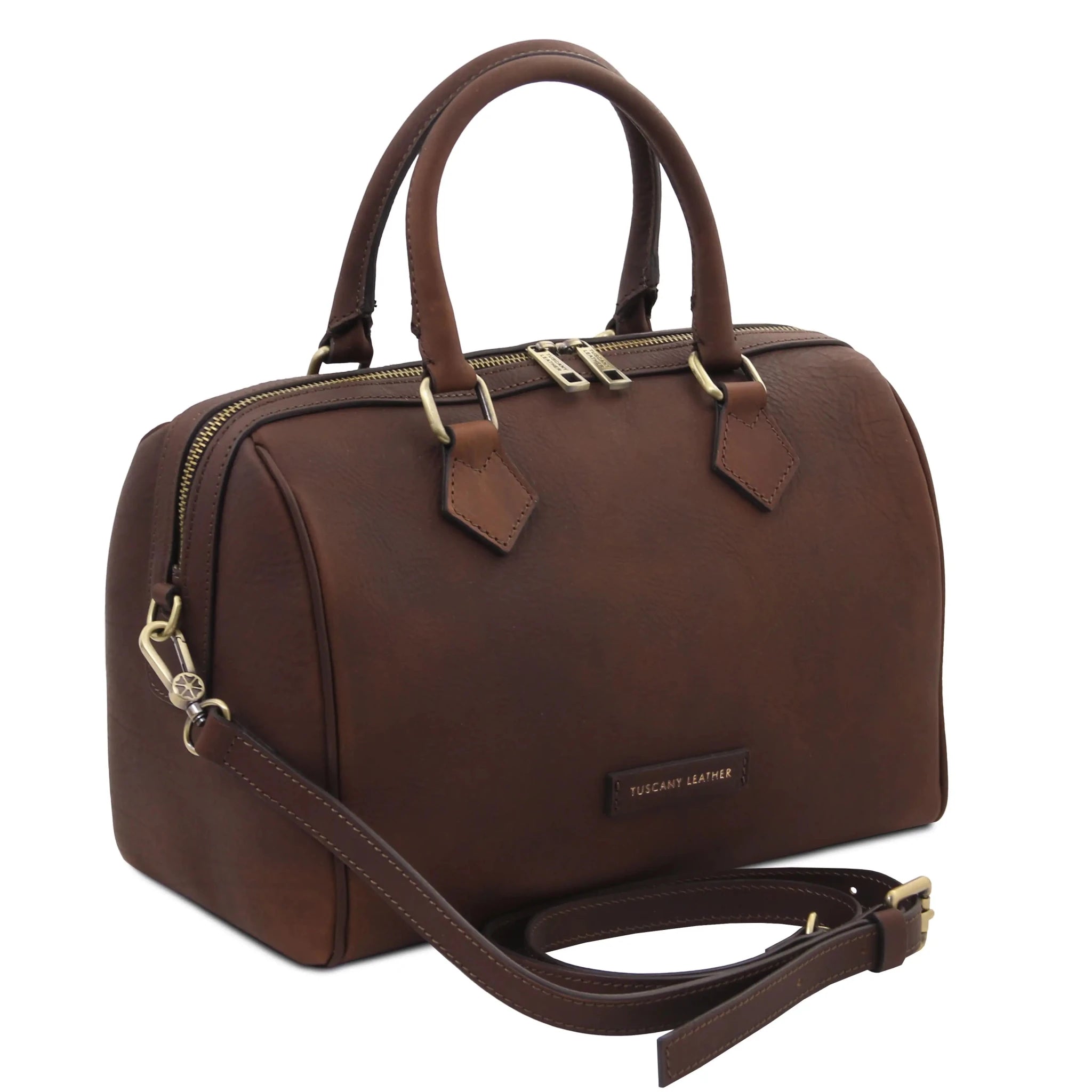 Front side angled View Barrique Leather Duffle bag in dark brown with shoulder strap