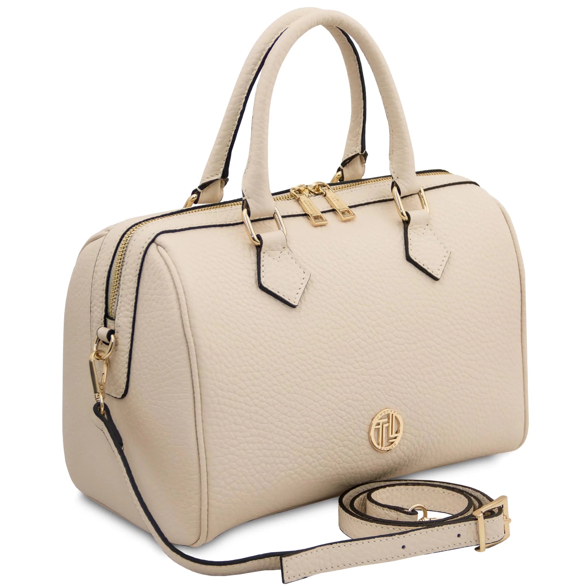 Front side angled View Barrique Leather Duffle bag in beige with shoulder strap