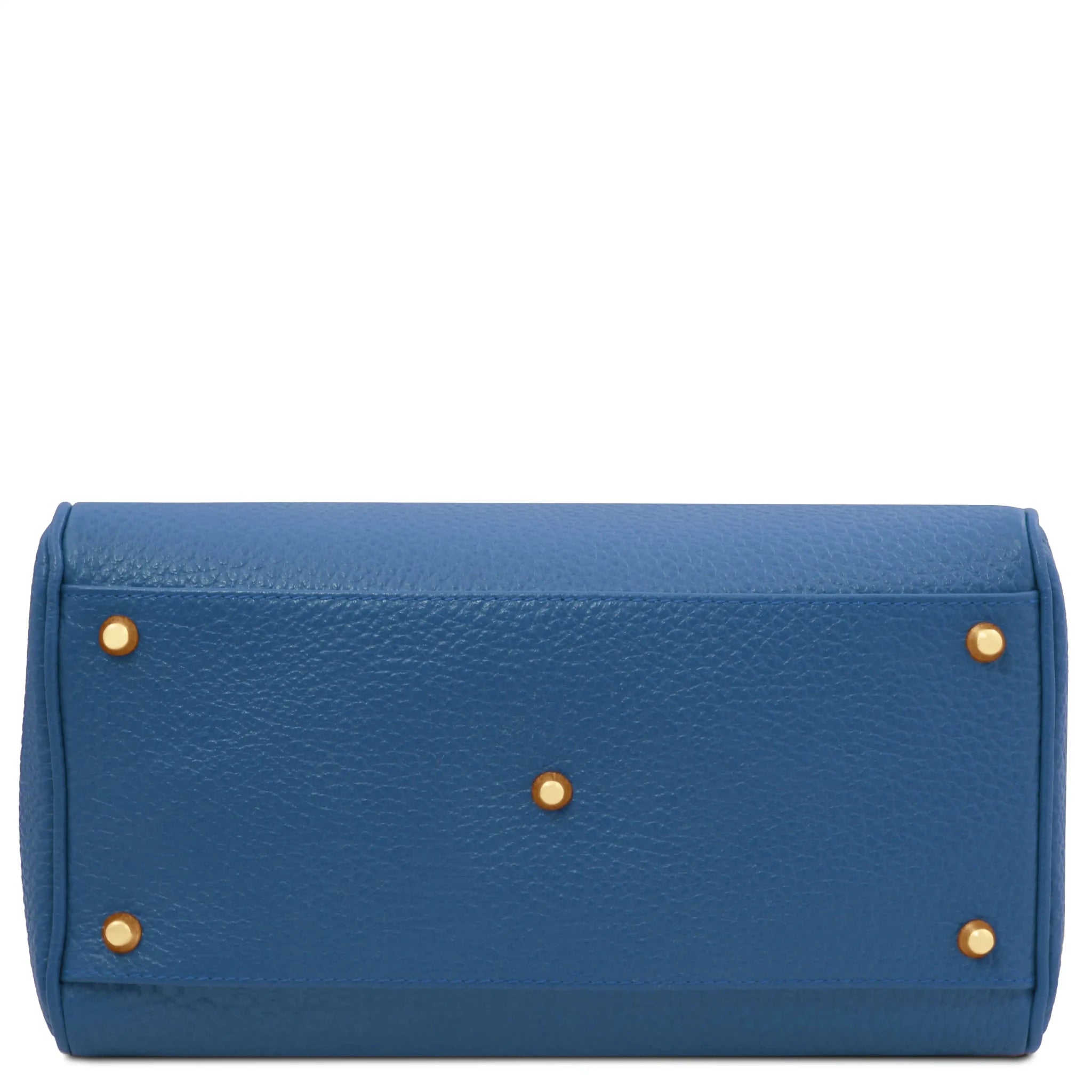 Bottom View Barrique Leather Duffle bag in blue with protective gold-tone metal feet