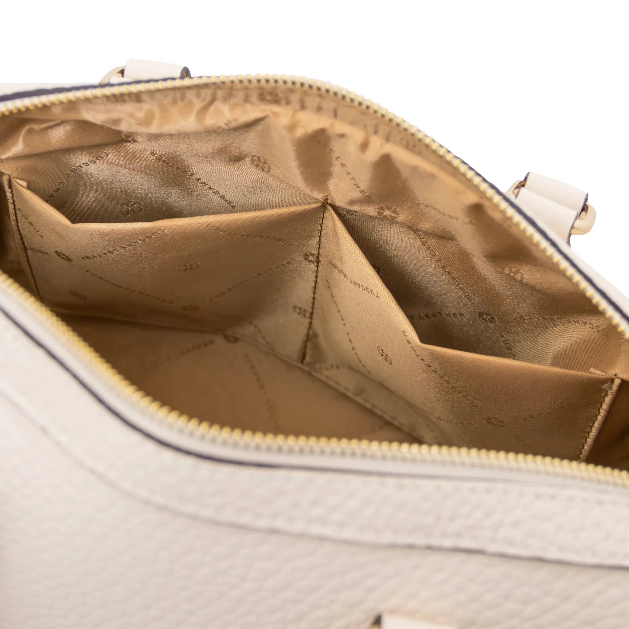 Interior open pockets view Barrique Leather bag in beige with tan lining