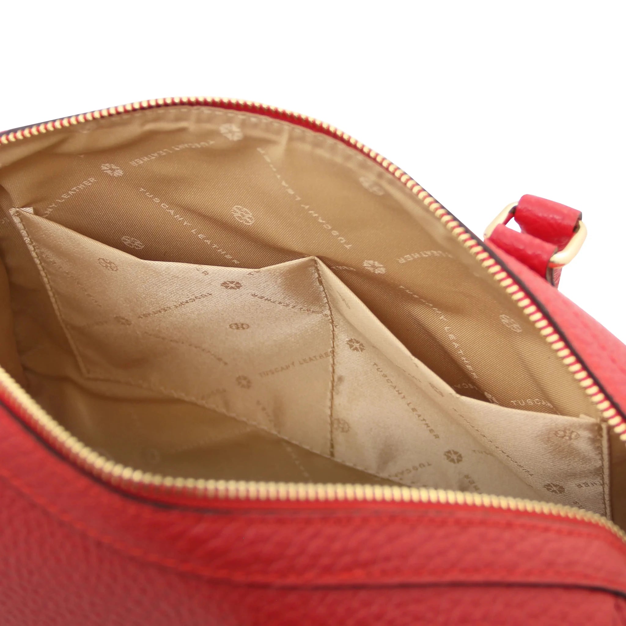 Interior open pockets view Barrique Leather bag in red with beige lining