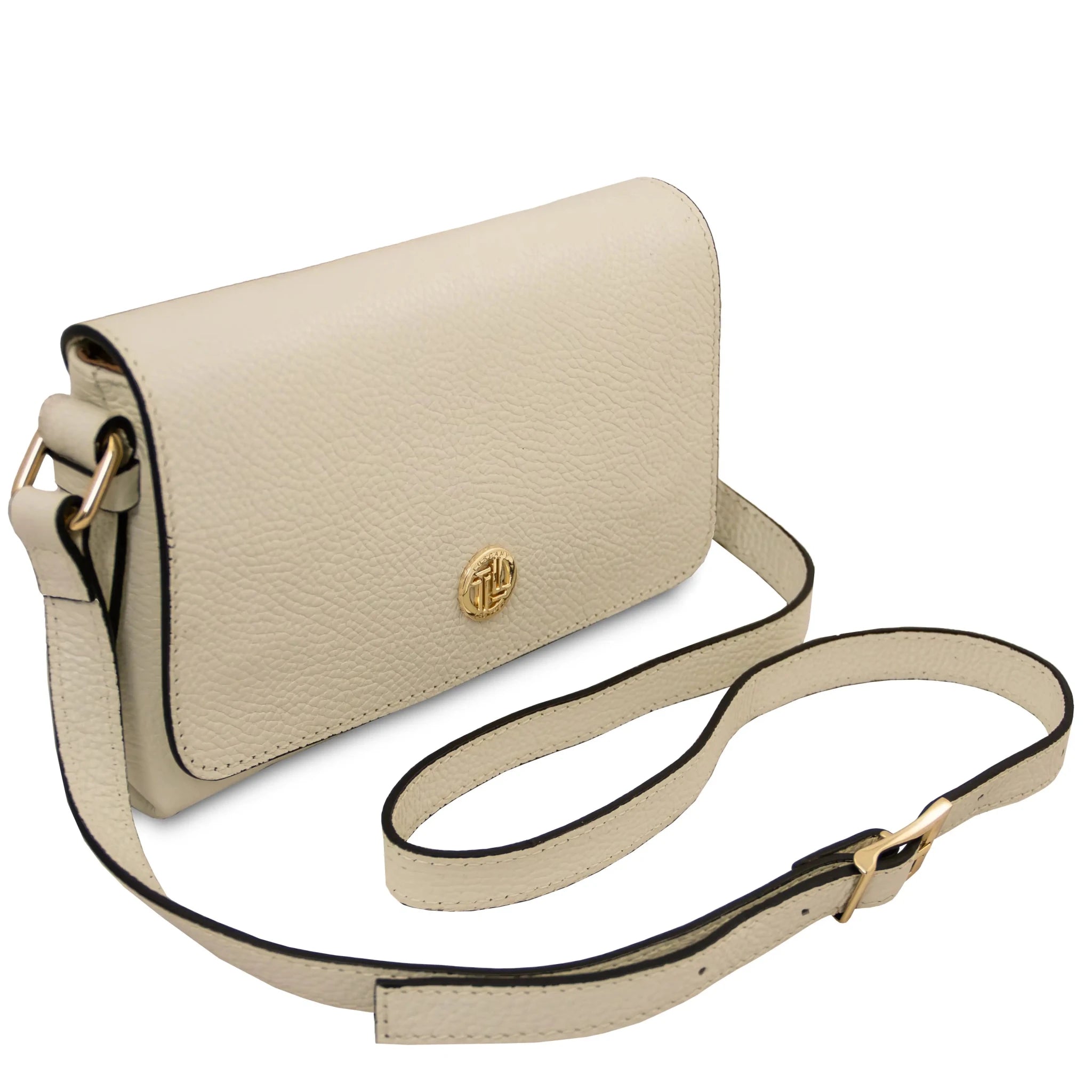 Front shoulder strap view Biscuit Soft Italian Leather Shoulder Bag in Beige on white background