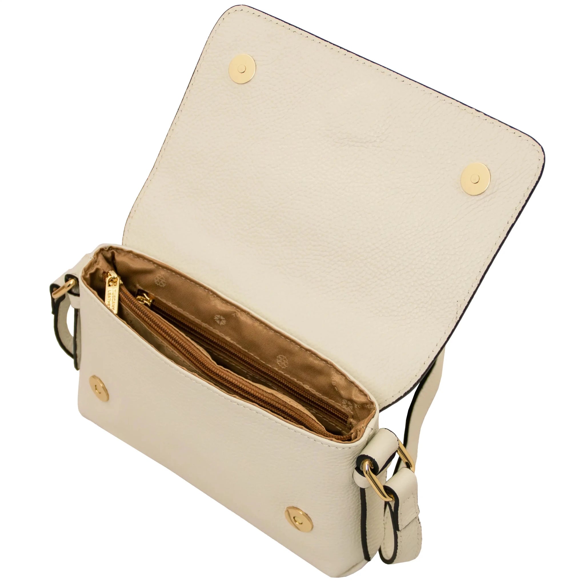 Interior magnetic closure view Biscuit Soft Shoulder Bag in Beige on white background