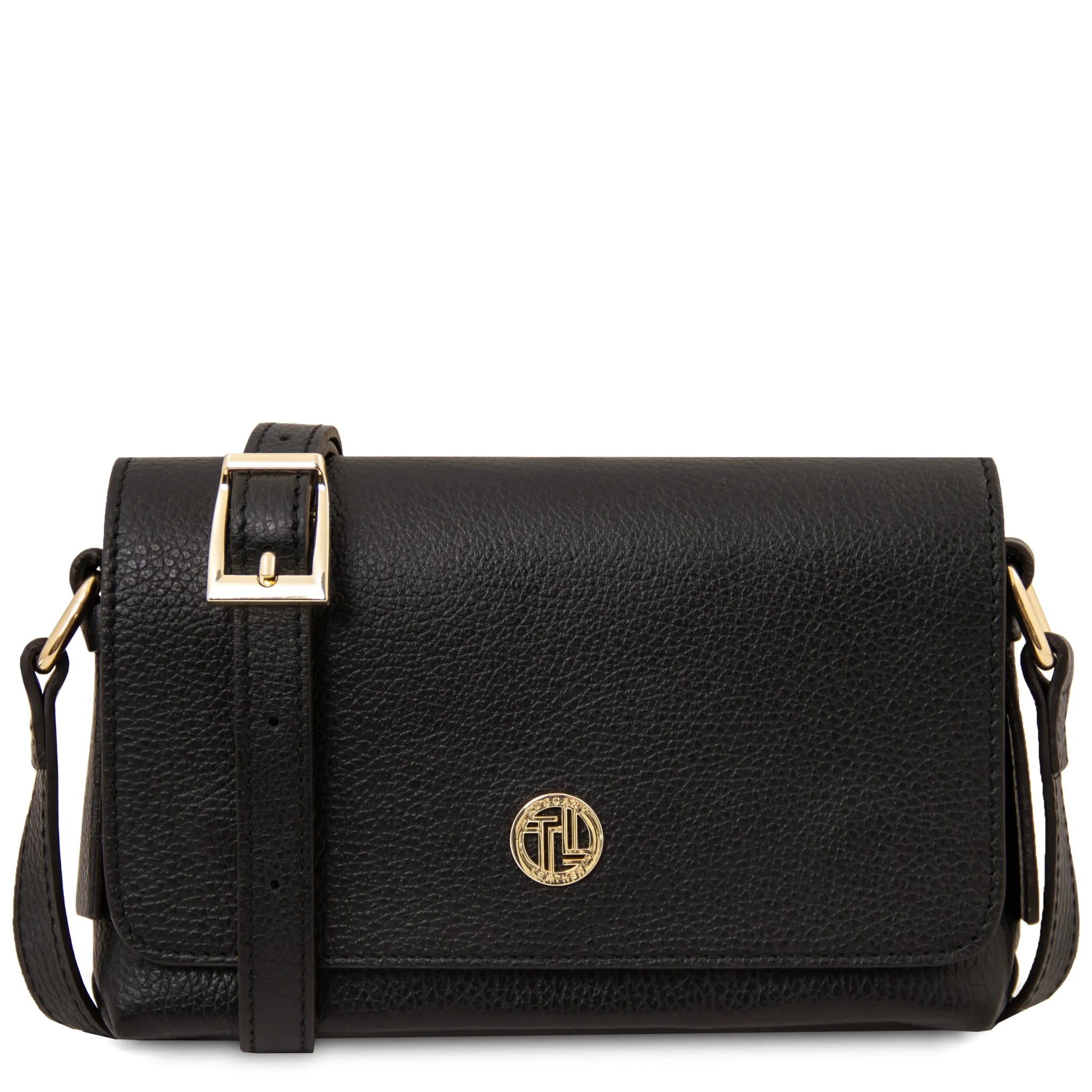 Front view Biscuit Soft Italian Leather Shoulder Bag in Black on white background