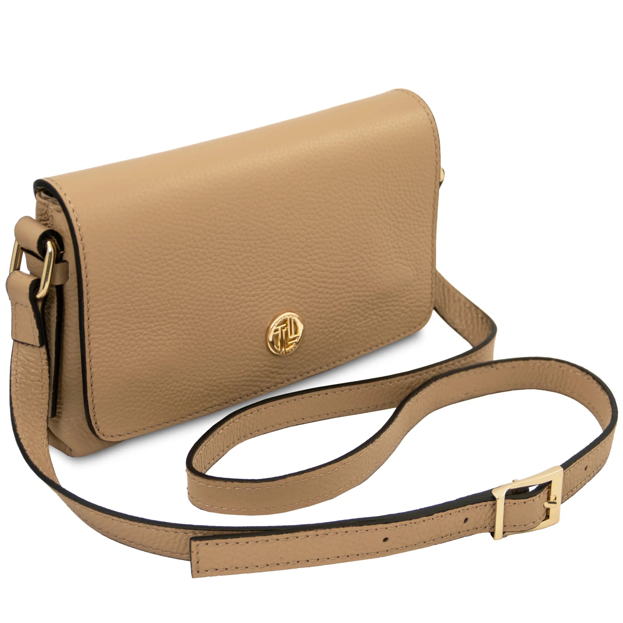Front shoulder strap view Biscuit Soft Italian Leather Shoulder Bag in Caramel on white background