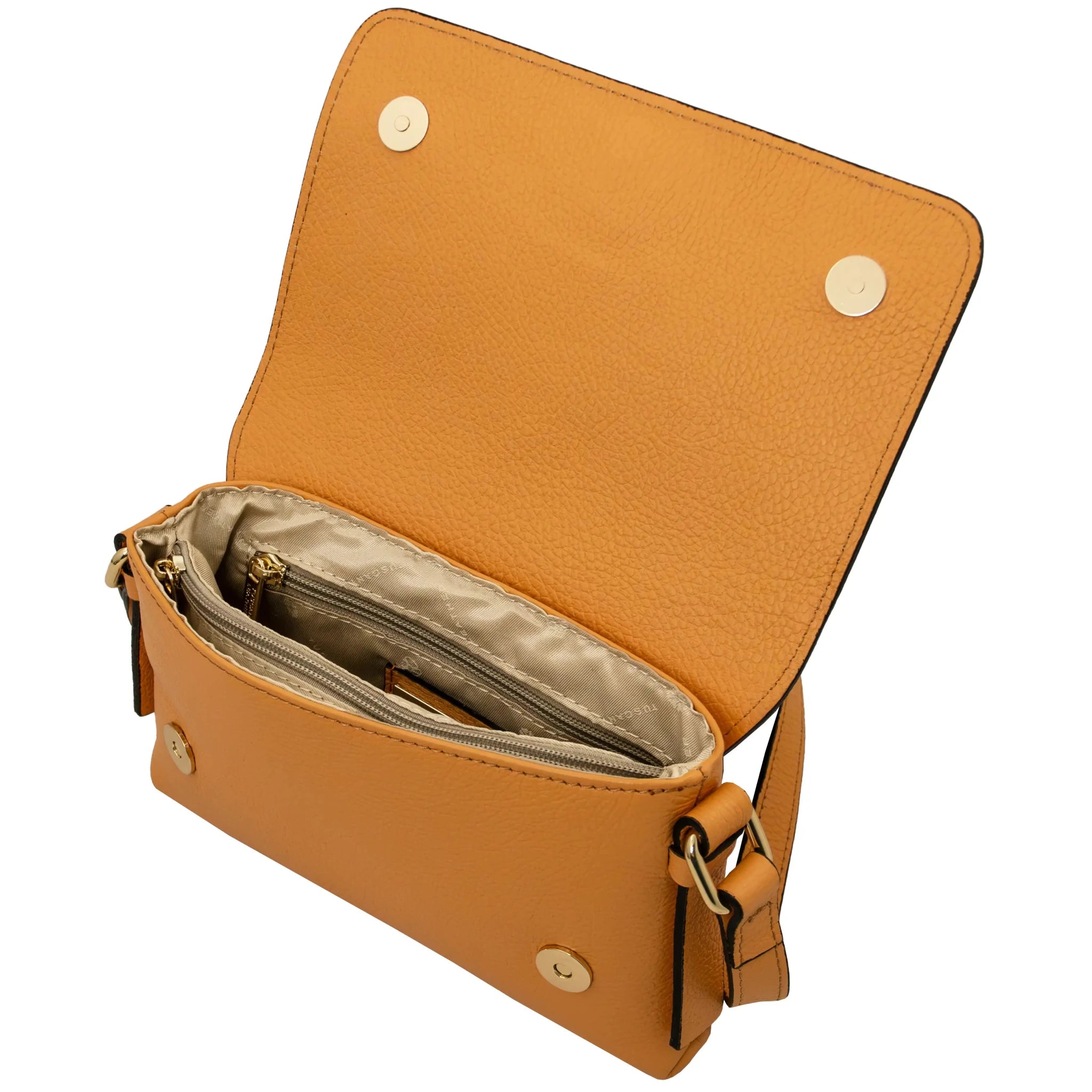 Interior magnetic closure view Biscuit Soft Shoulder Bag in apricot on white background