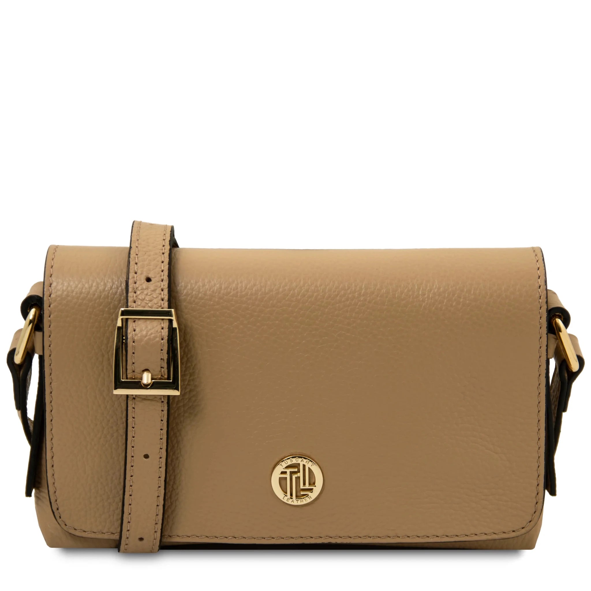 Front view Biscuit Soft Italian Leather Shoulder Bag in Caramel on white background